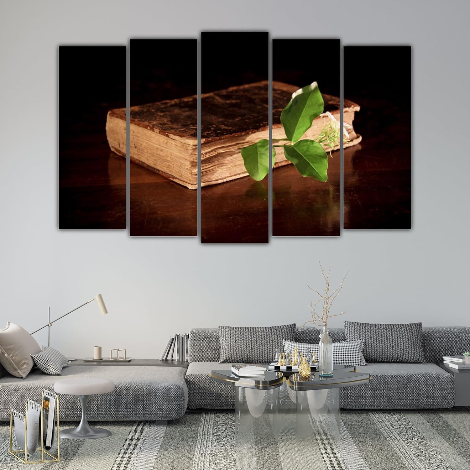 Five-panel Ancient Book Photography Framed Wall Art hung on a living room wall