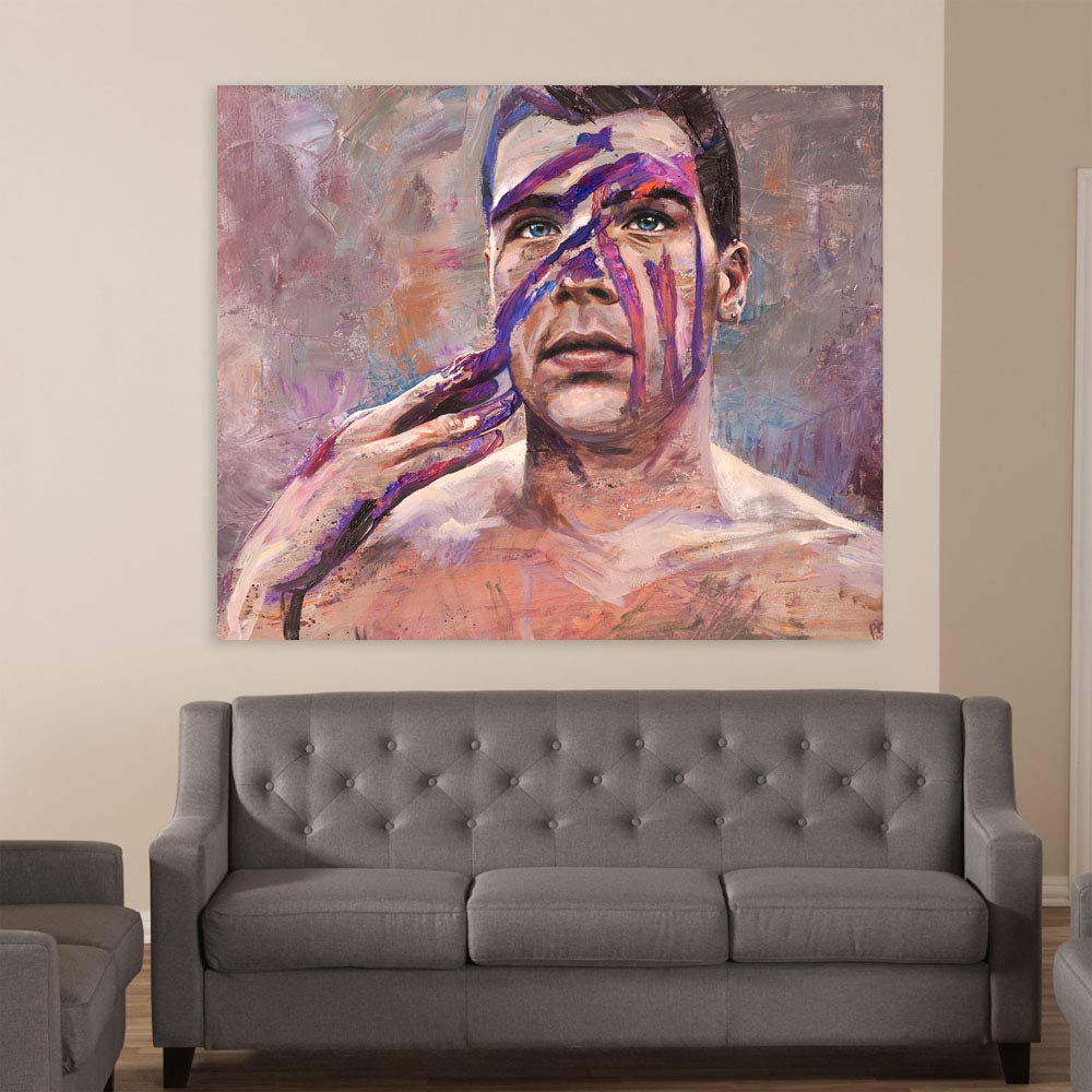 Stroke of Blue Unframed Man Canvas Wall Art That'll Have Your Walls Chatting Back showcased on a white wall behind a couch.