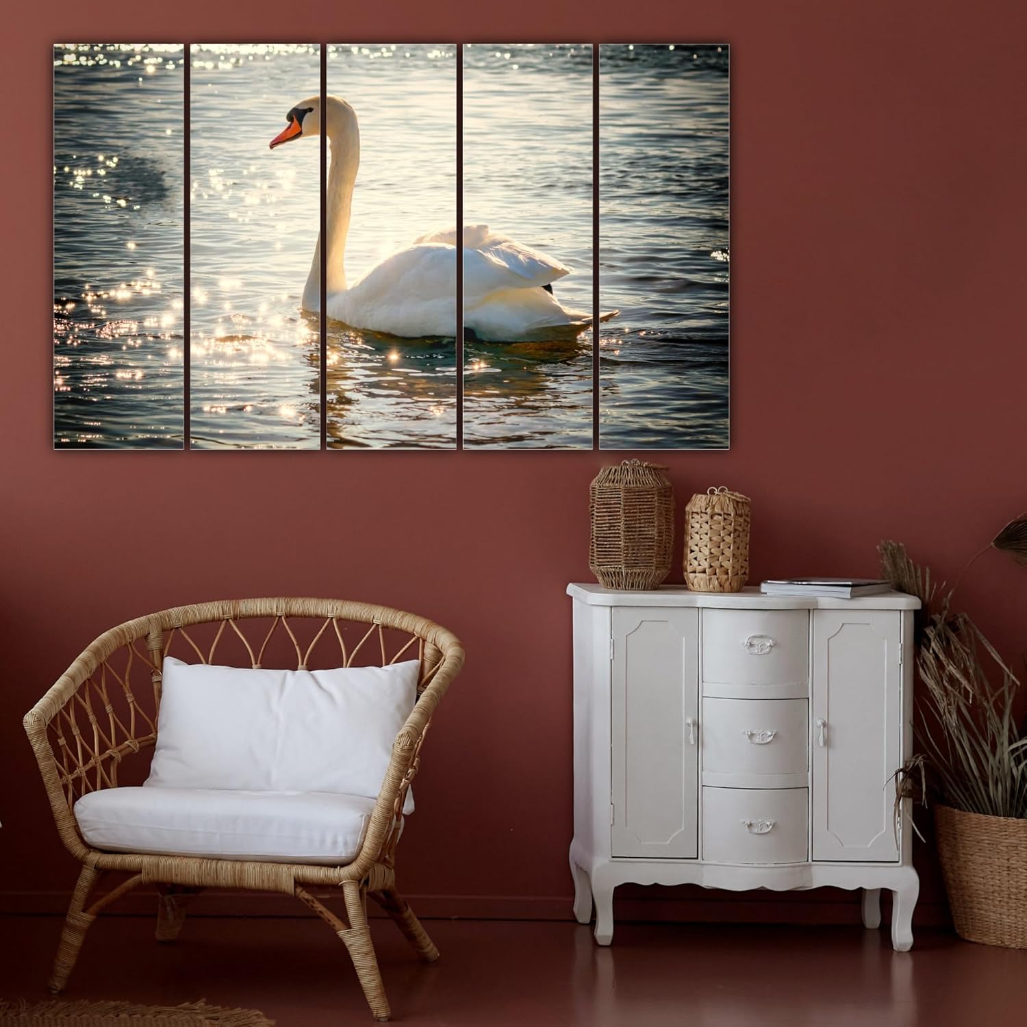 Close-up of framed white swan panels in the Swan-sational multi-panel wall art