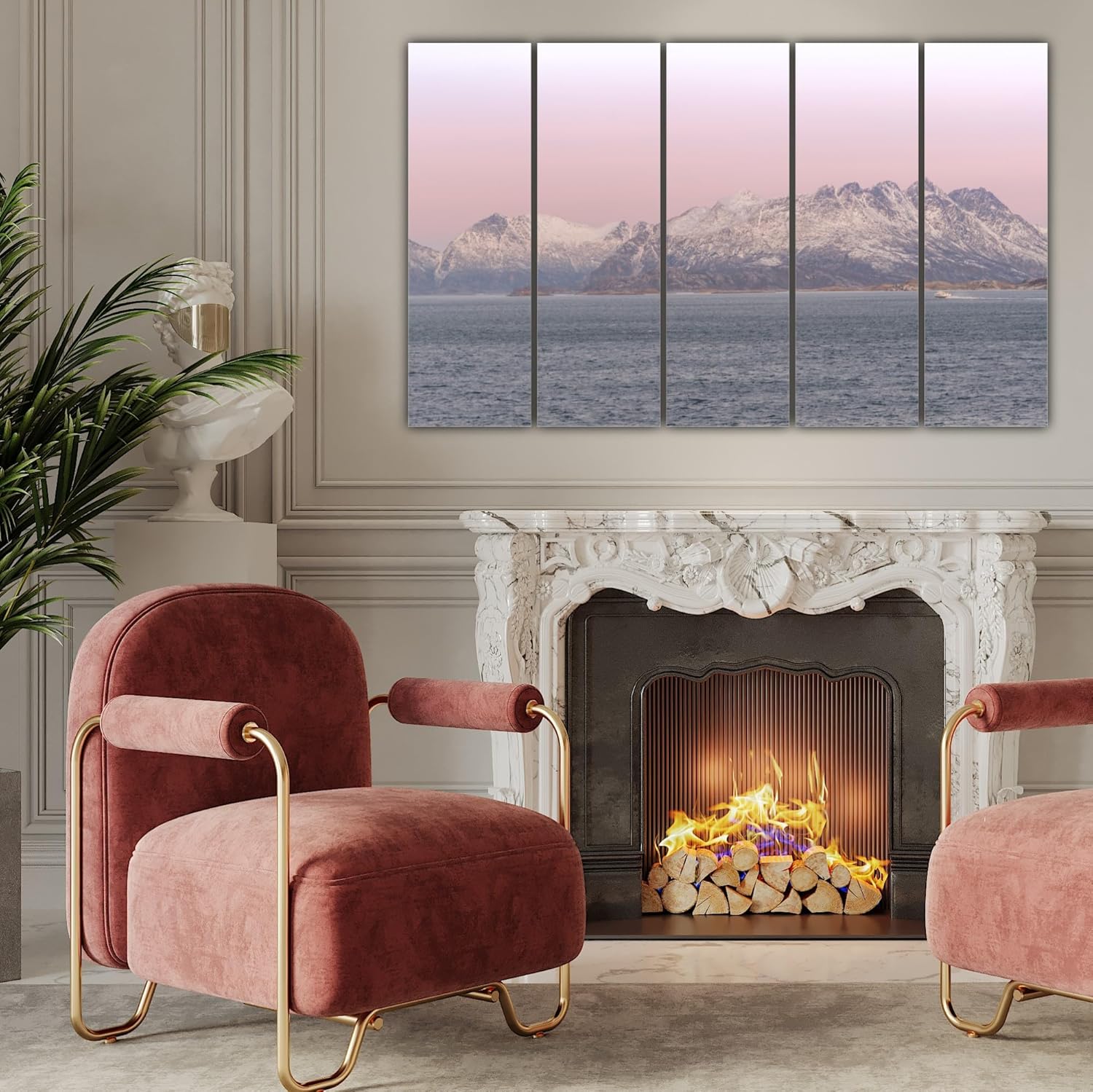 Close-up of the mountainous artwork on the multi-frame wooden MDF panels of Majestic Multi-Frame Mountain Wall Art That Will Peak Your Interest.