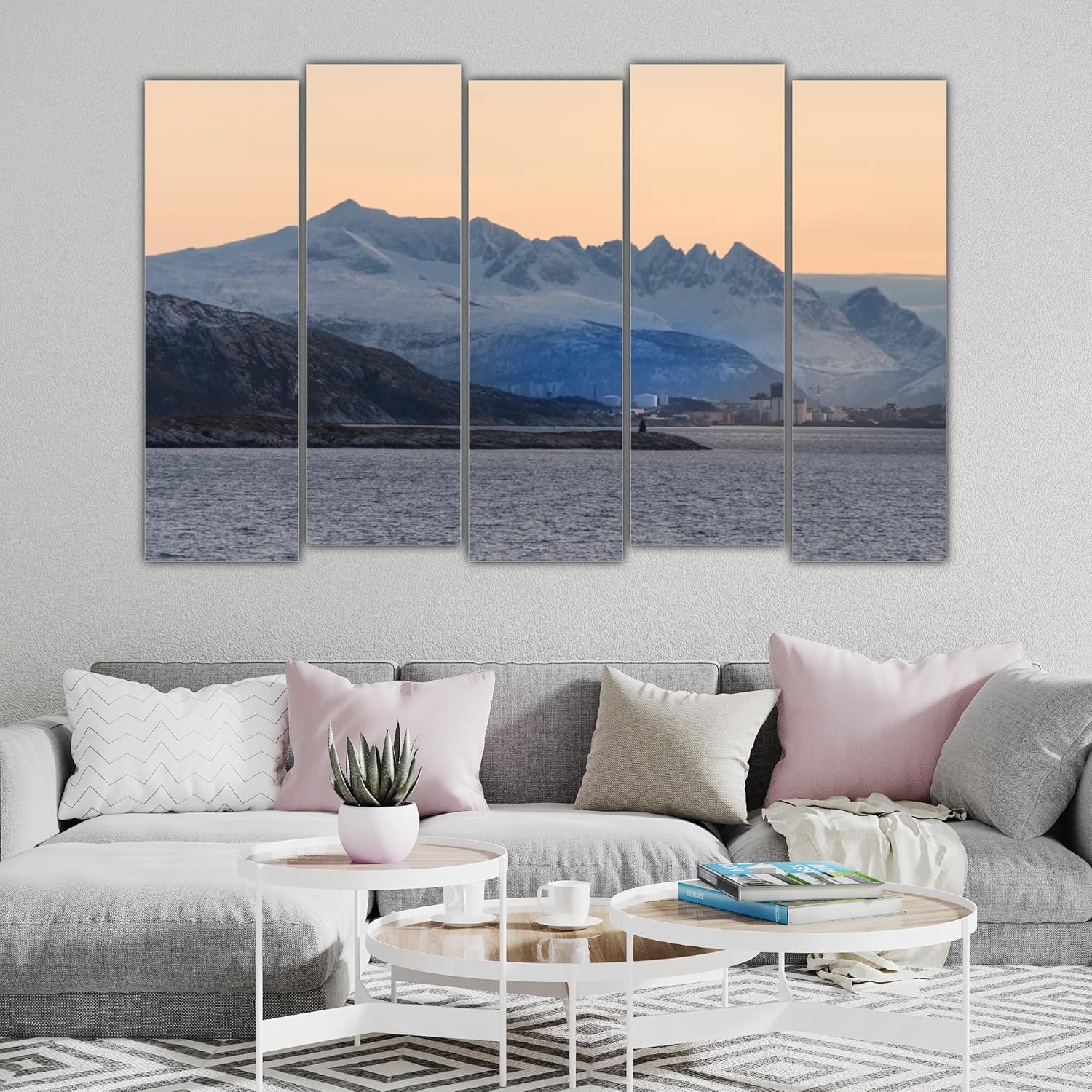 Close-up of the five-panel framed mountain Wall Art showing vivid peak details
