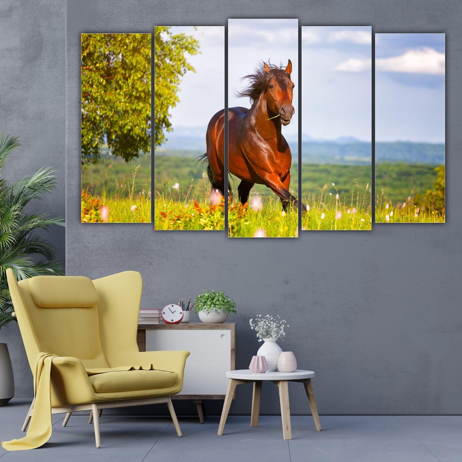 Close-up of the Framed Running Horse Wall Art showing detailed brown and black horse prints on crisp white background.