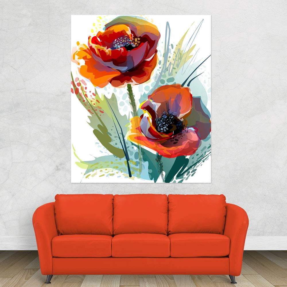 Bloom-tastic Abstract Red Flowers Canvas Unframed Wall Art displayed in a bright living room