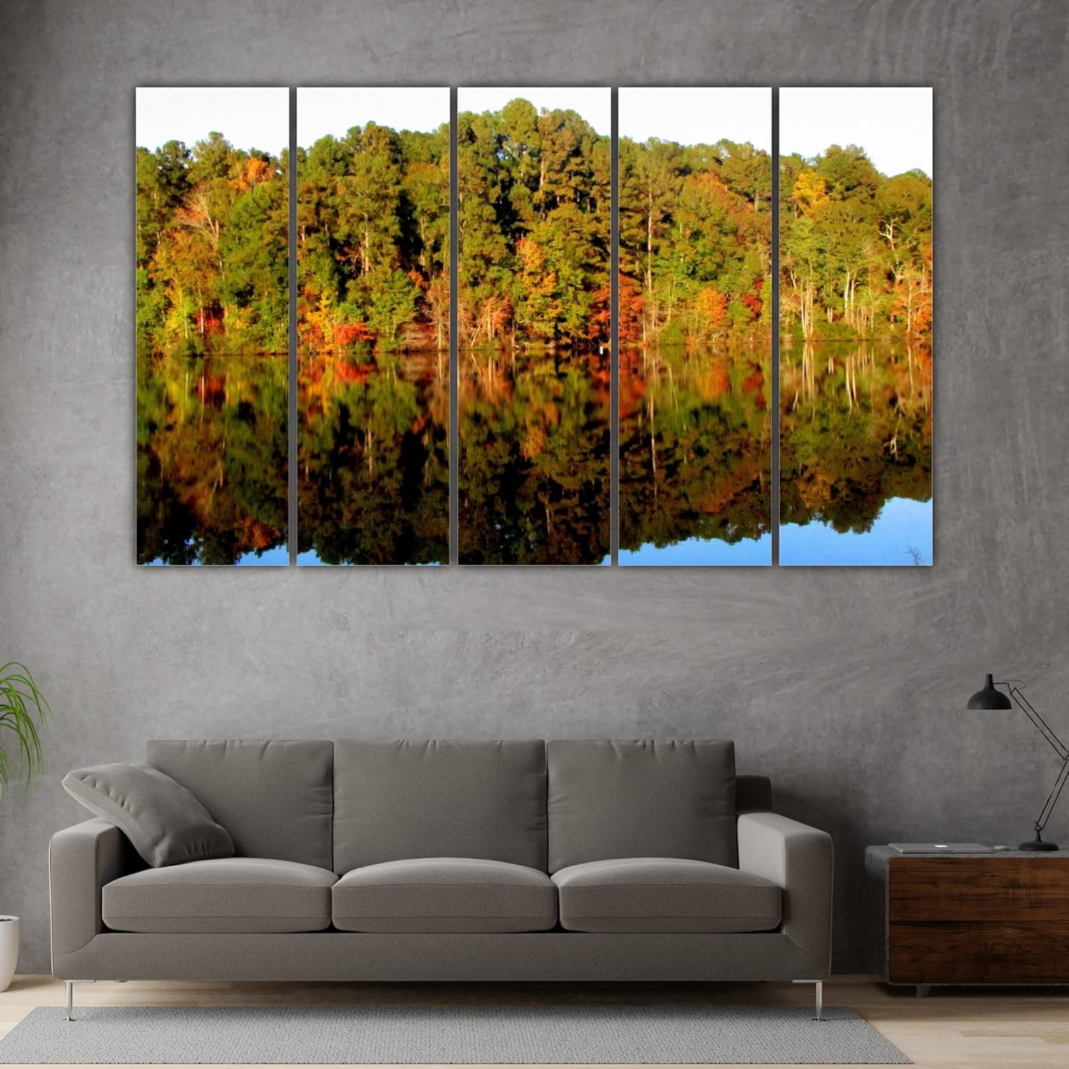 Nature's Symphony Multi-Frame Wall Art featuring lush forest and flowing stream in vivid colors.