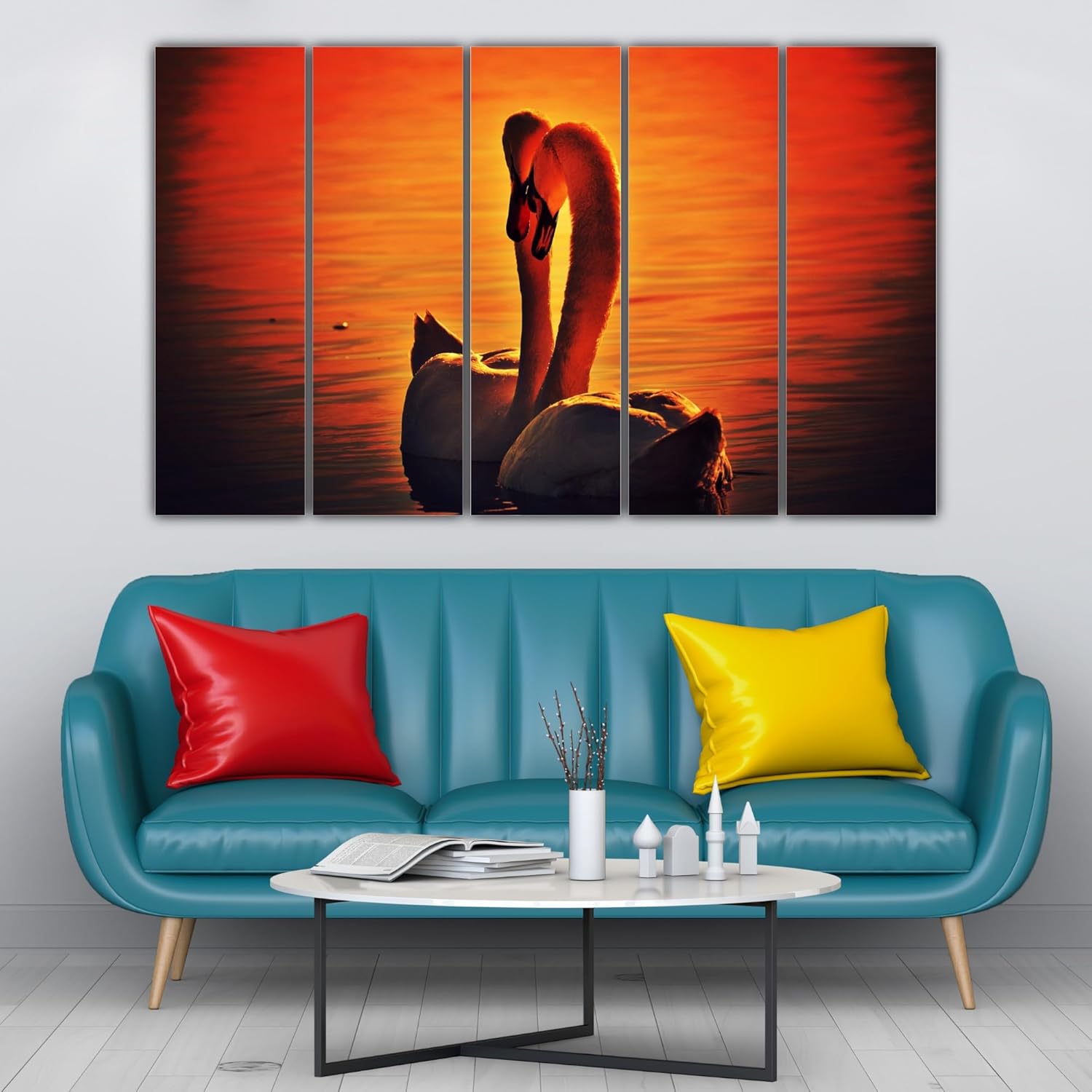 Close-up of framed wall art featuring colorful birds in a playful multi-panel layout
