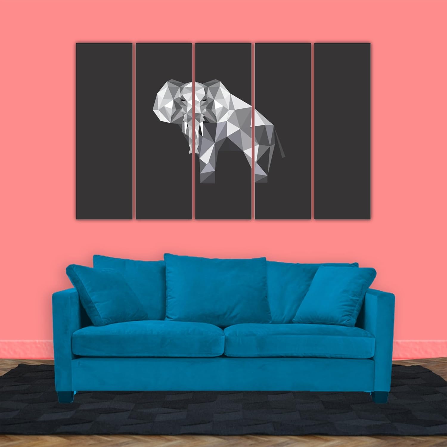 Elephant-astic Vastu Vibes: Framed Polygon Elephant Multi-Frame Wall Art close-up showing vibrant geometric patterns