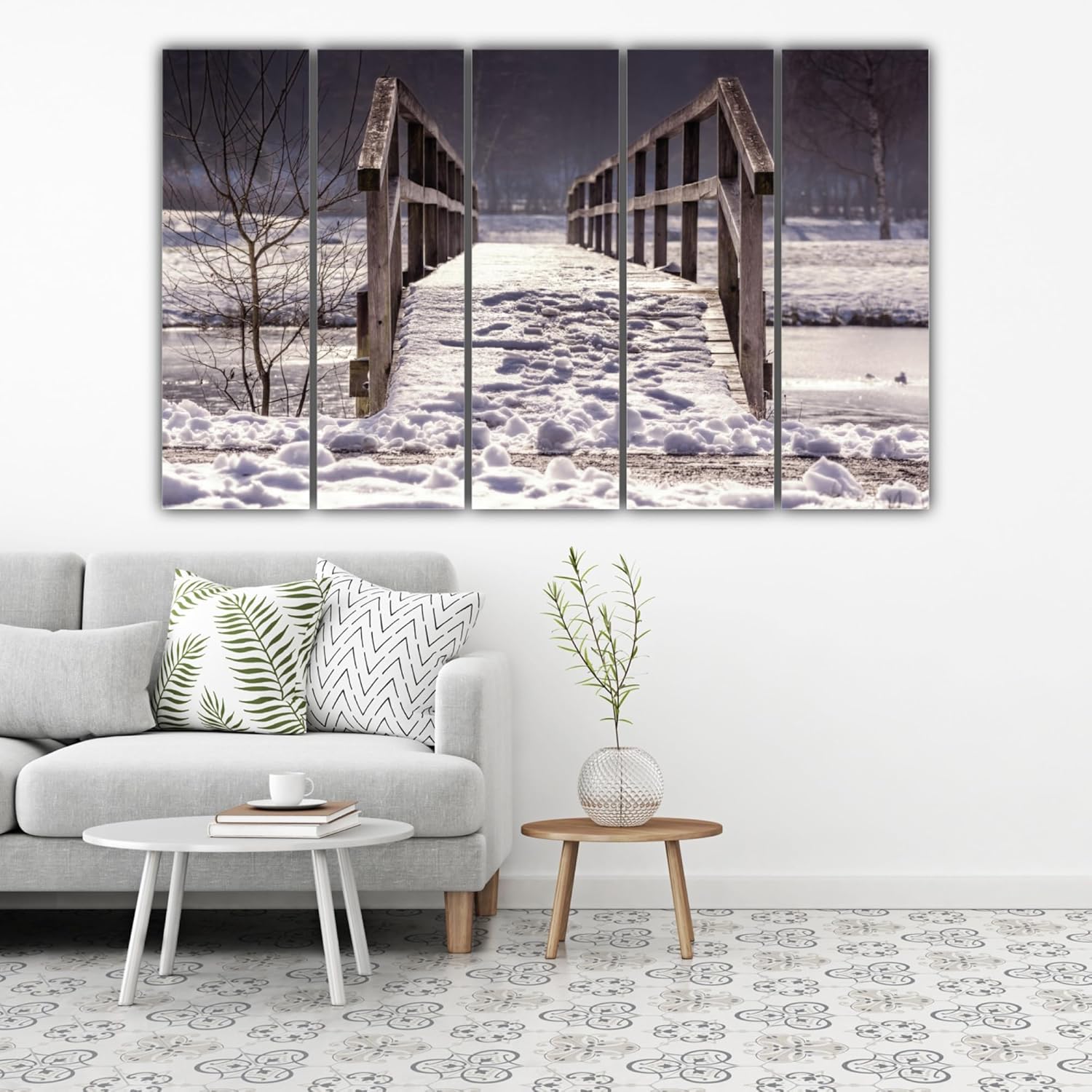 Framed 5-panel winter scene in blue and white tones from Chill Out Your Walls: Frosty Multi-Frame Winter Wonderland Wall Art