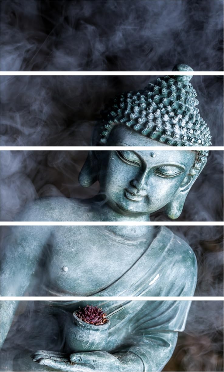 Close-up of the Buddha-tiful 5-Panel Framed Wall Art showcasing serene Buddha imagery across five sleek panels.