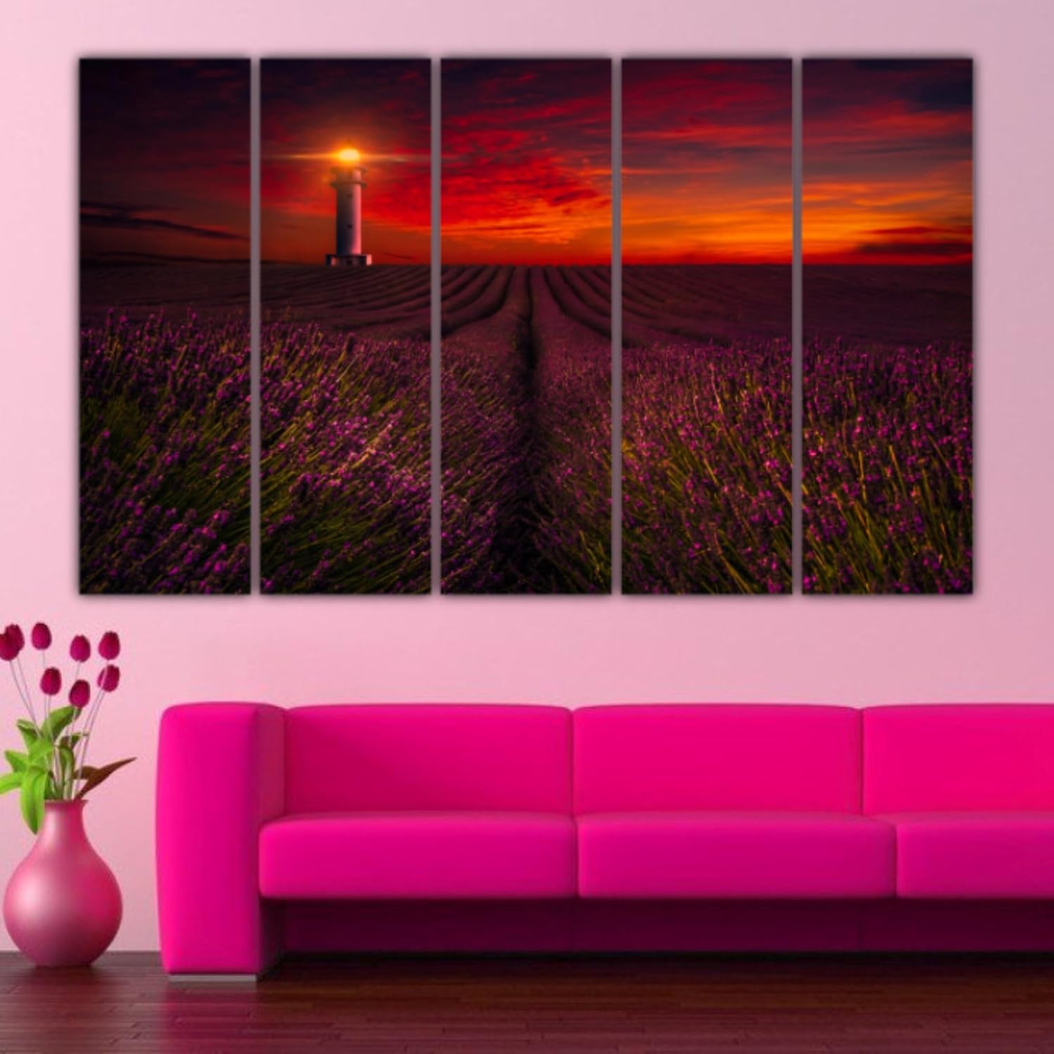 Vibrant multi-panel Flower Fields framed Wall Art shown hanging above a sofa