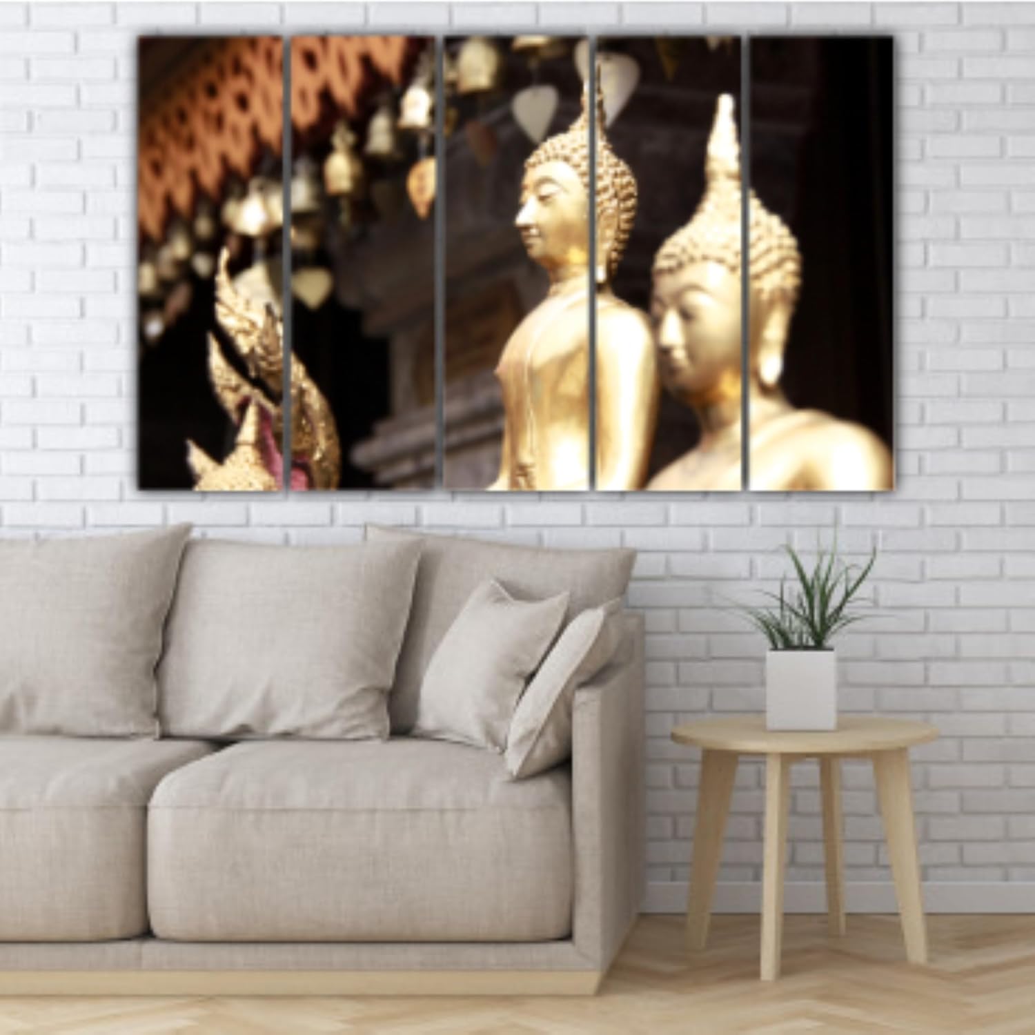 Close-up of splash-proof prints on wooden MDF frames of Buddha Bliss 5-Panel Framed Wall Art