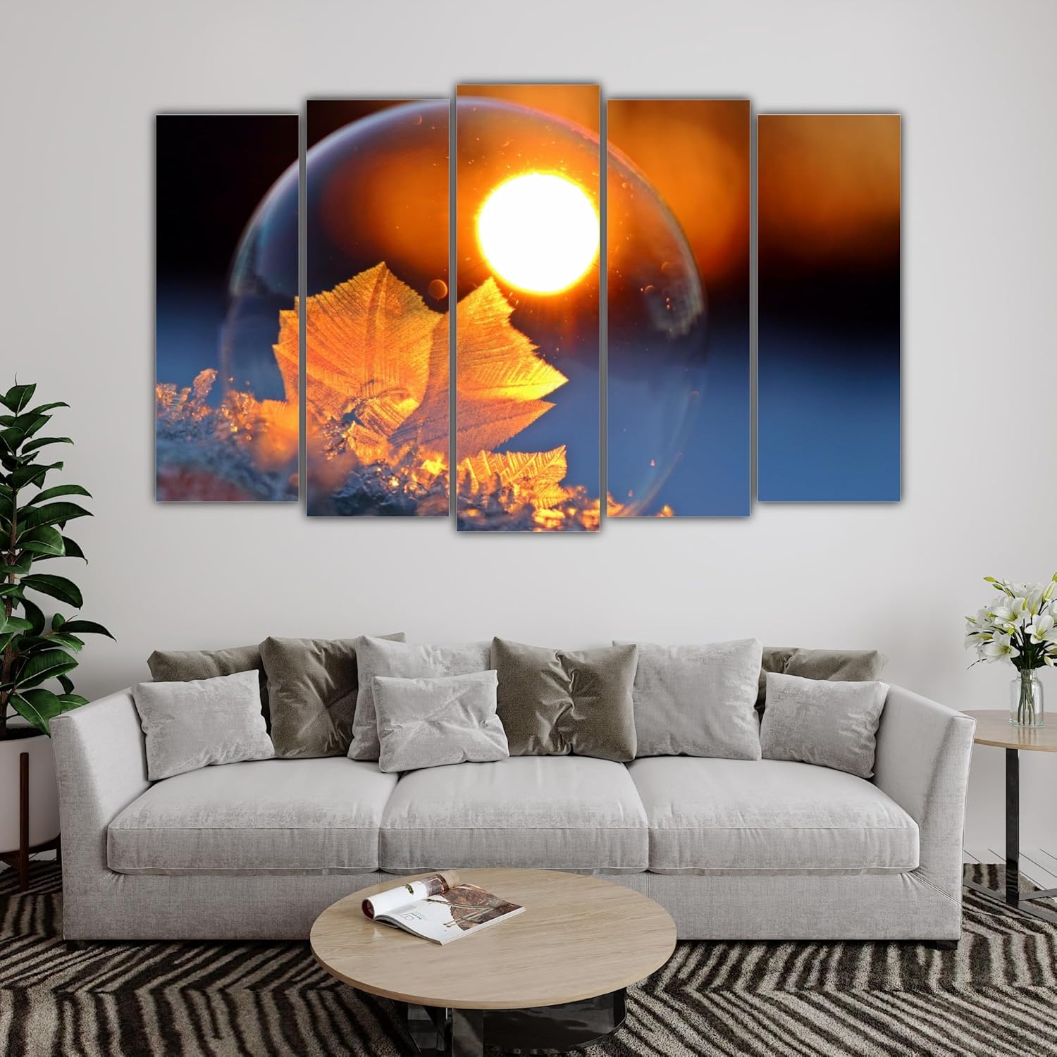 Leaf It to Me: Multi-Frame Botanical Wall Art hung above a sofa showcasing elegant leaf design