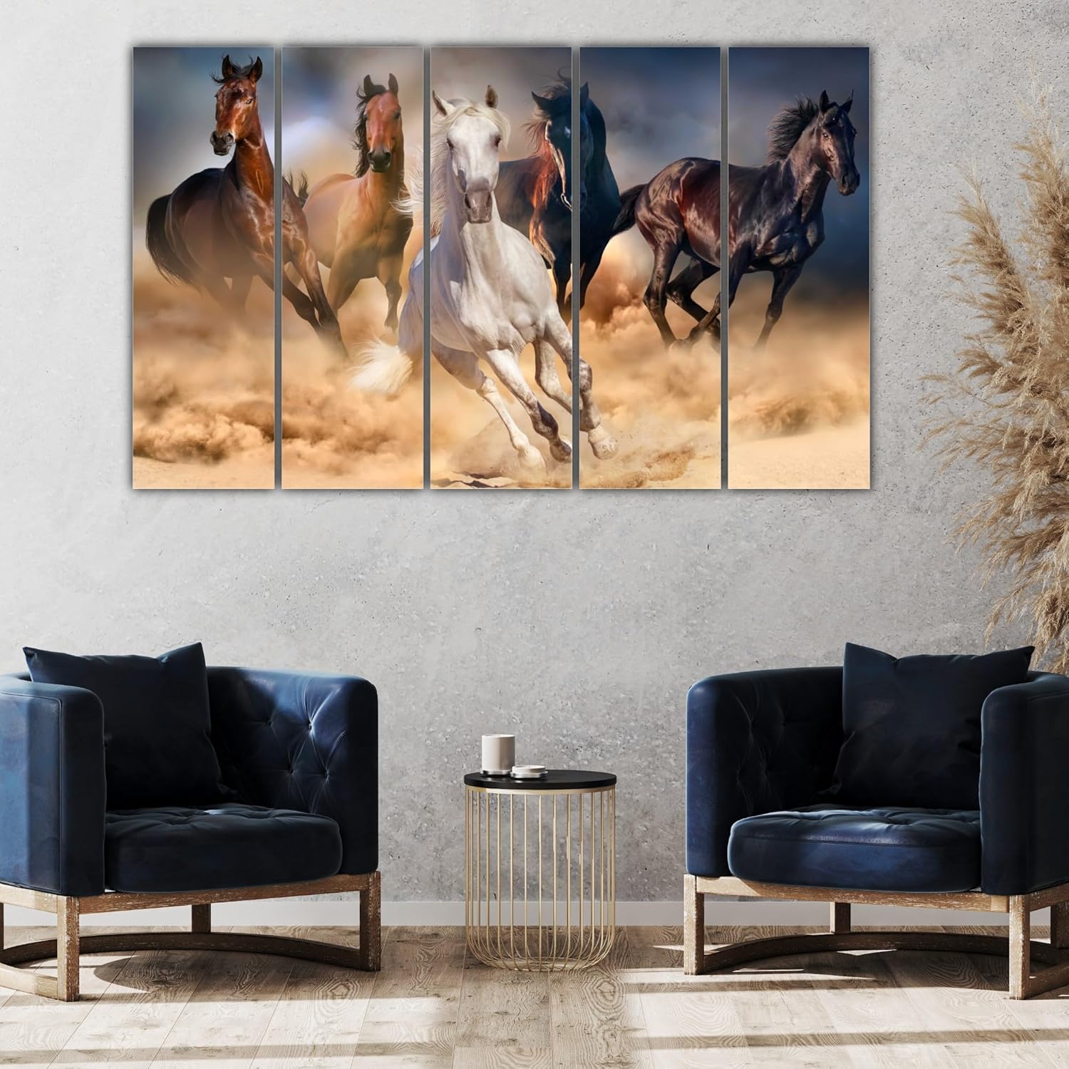 Framed multi-panel Wall Art featuring vibrant blue horses against a serene backdrop for Vastu harmony
