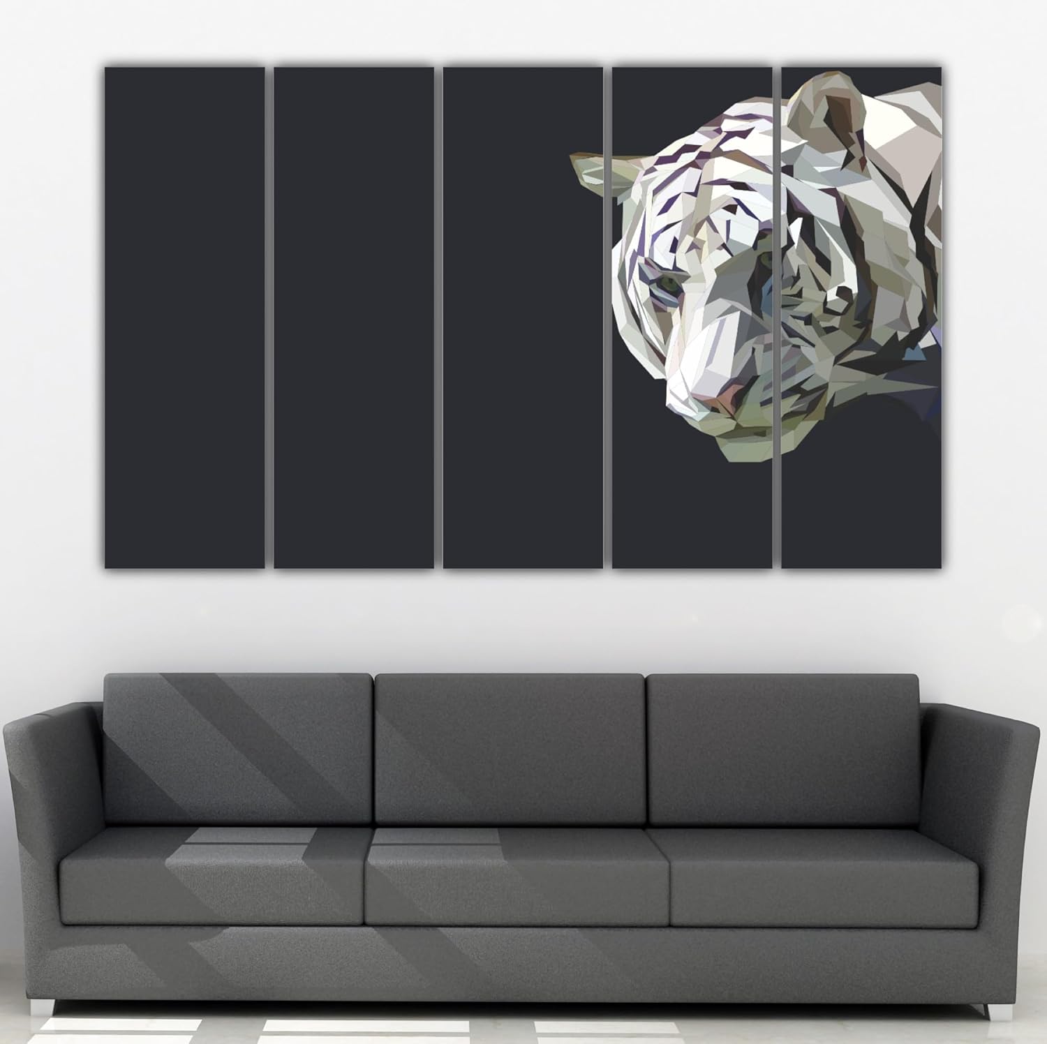 Multi-frame view of Tiger-rific Polygon Prowl Framed Wall Art on a modern living room wall