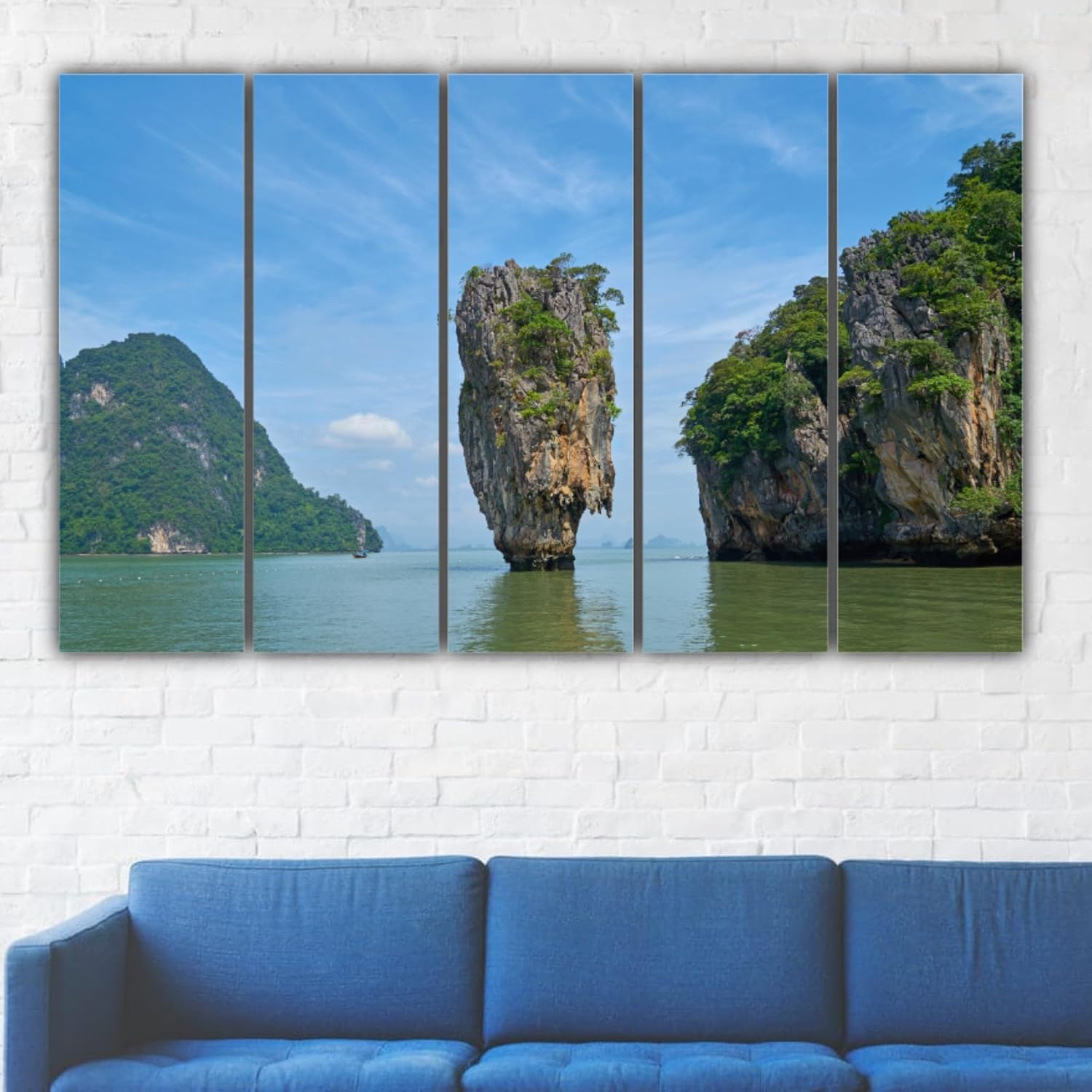 Close-up of Island-hopping Oasis: 5-Panel Framed Wall Art capturing wood grain details and its splash-proof finish.