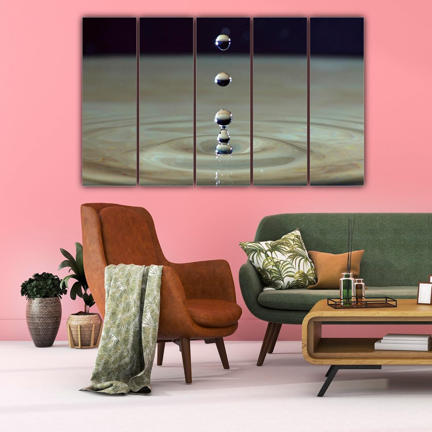 Splash into Style: Water Droplets Photography Wall Art Framed in 5 Panels hung above a sofa for a fresh decor vibe.