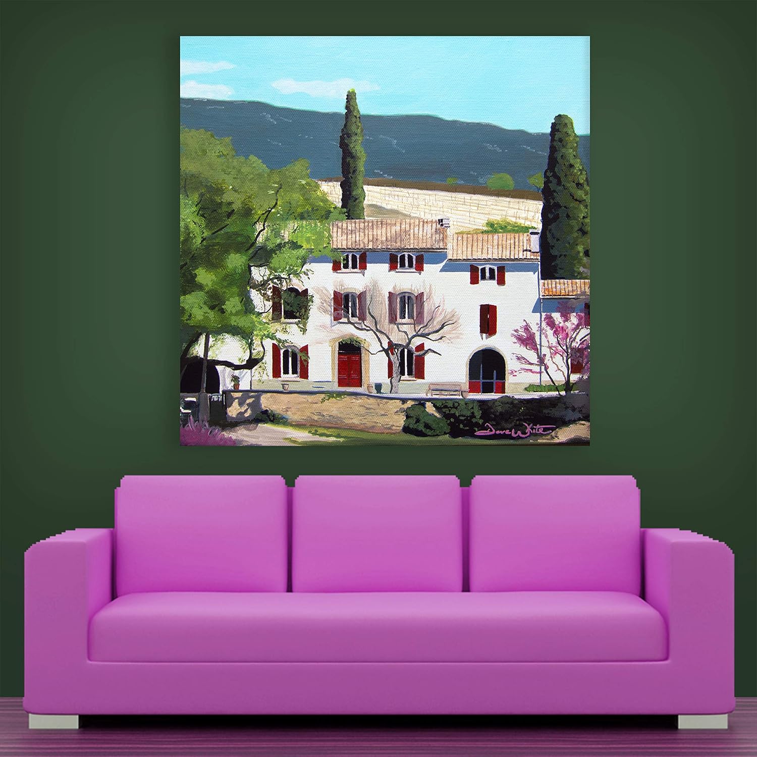 Red Window Rhapsody Unframed City Wall Art displayed above a sofa in a stylish living room