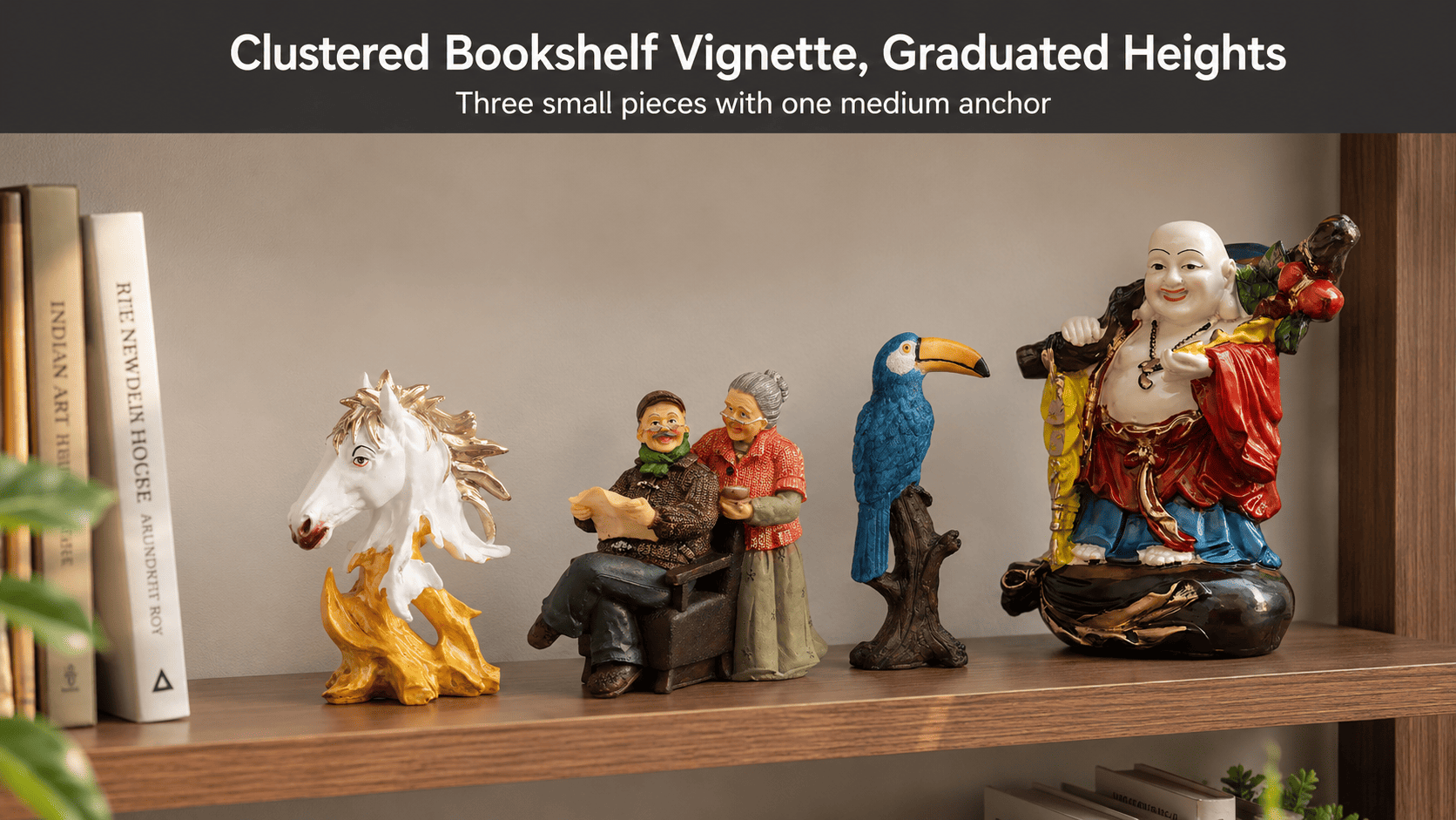 A clustered grouping of small and medium decor pieces on a bookshelf