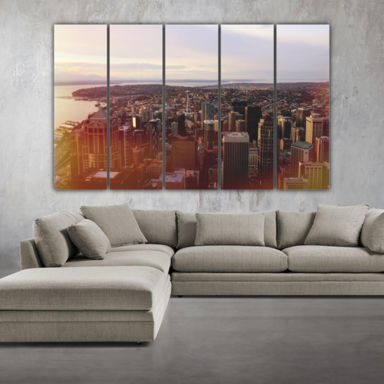 Close-up of Seattle Skyline-tacular 5-Panel Framed Wall Art Fiesta's textured MDF finish