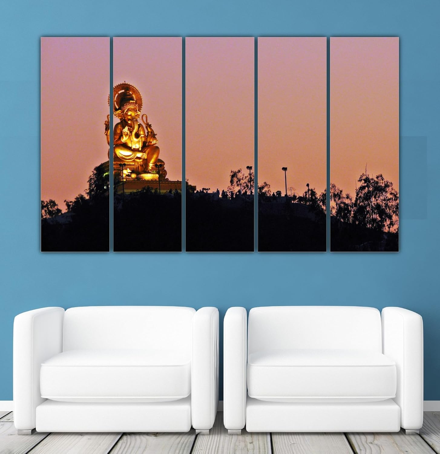 Close-up of the vibrant colors on Ganesha-tastic 5-Panel Framed Wall Art That'll Bless Your Space (127x76cm)