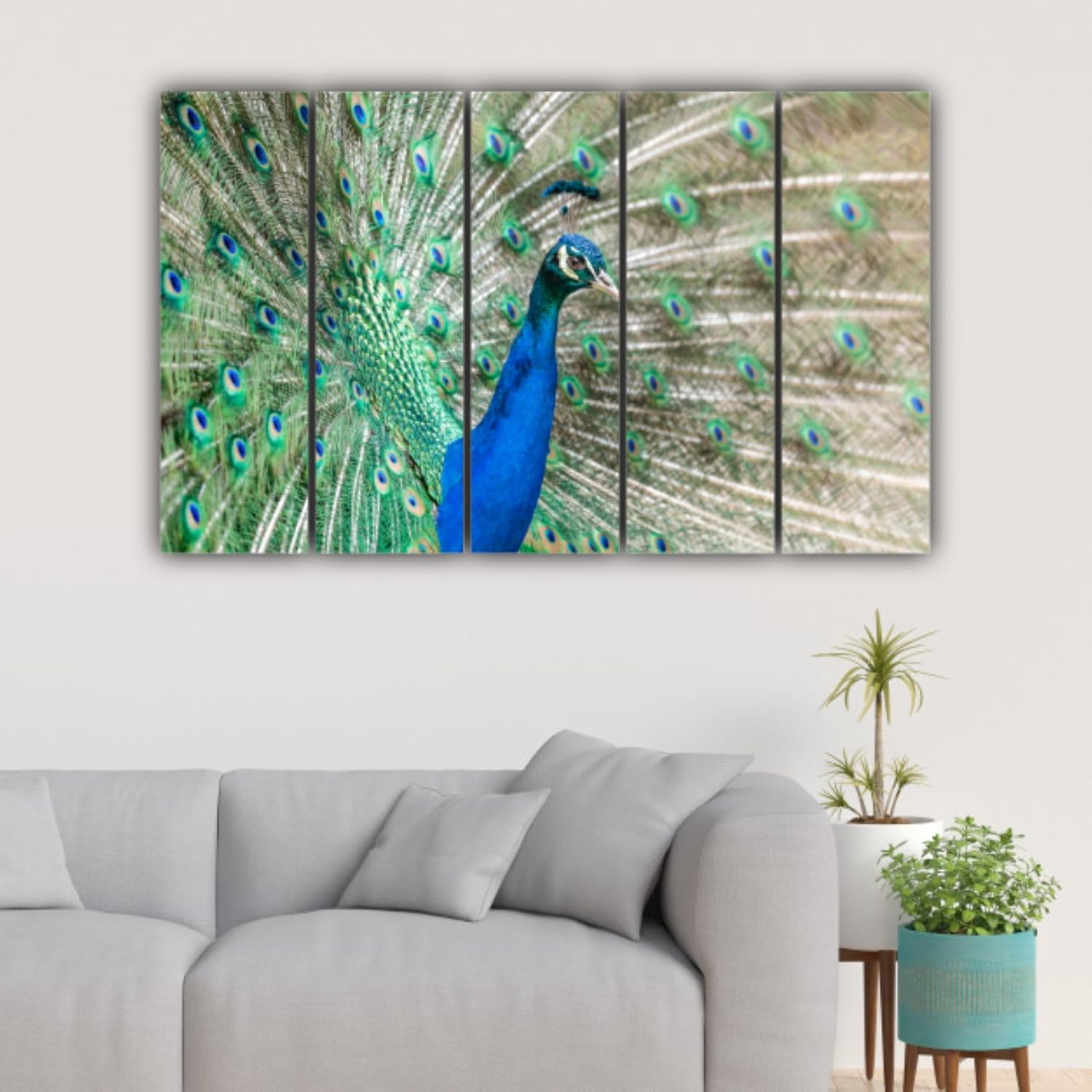 Close-up of Peacock Parade Wall Art showing detailed blue and green feathers across multi-panel framed wall art.