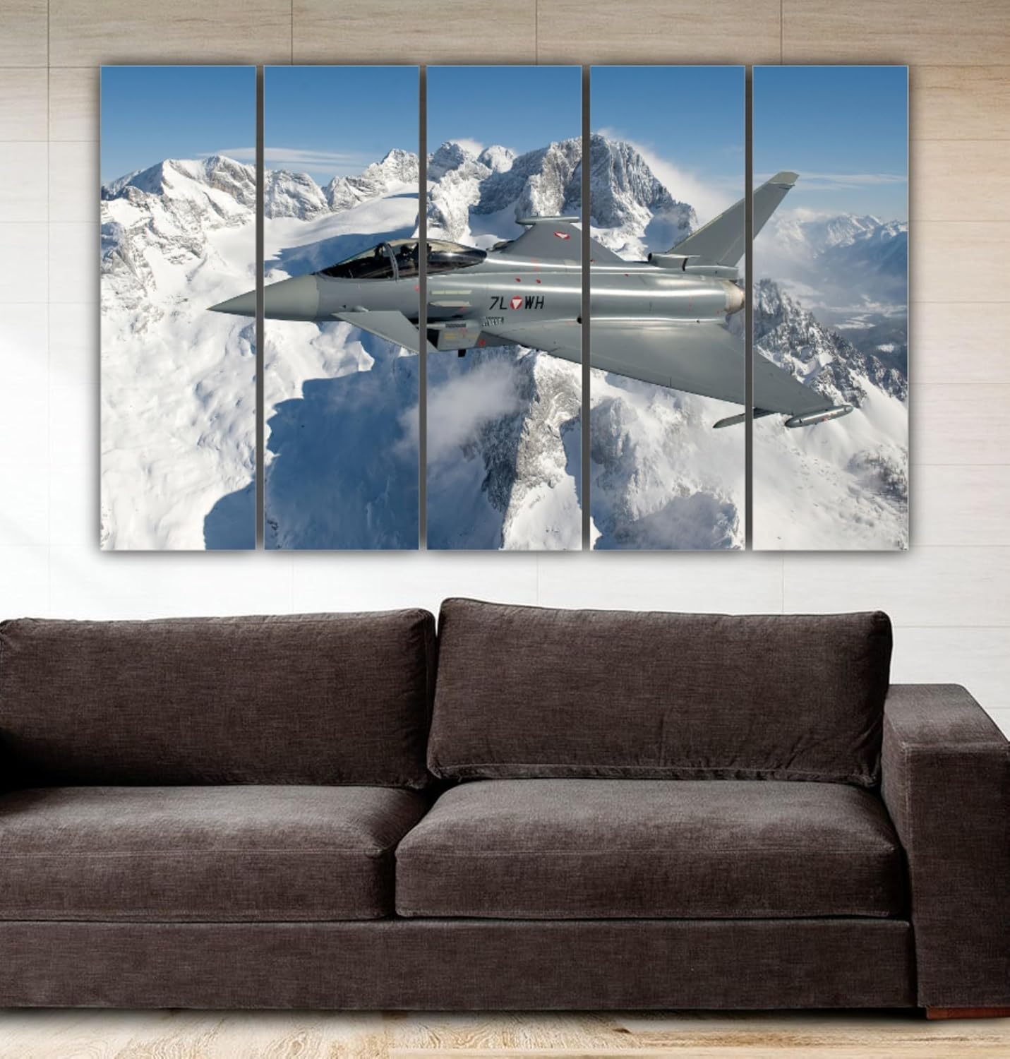 Soar Into Style: Eurofighter Multi-Frame Framed Wall Art for Jet-Set Spaces (150x76cm) showcasing sleek MDF frames on a grey wall.