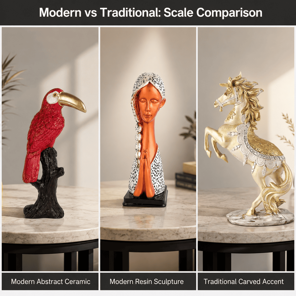 visual comparison grid of modern and traditional decor pieces scaled against a coffee table