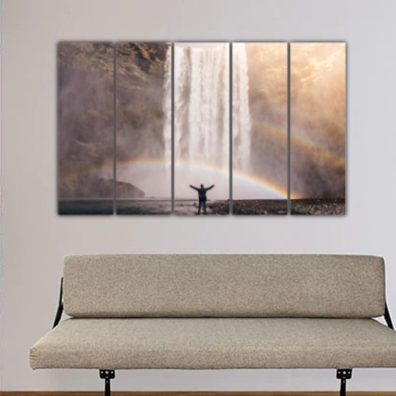 Make a Splash: Waterfall Wonder Framed Wall Art Thatll Flow Into Your Room (150x76cm) close-up showing vibrant waterfall panels