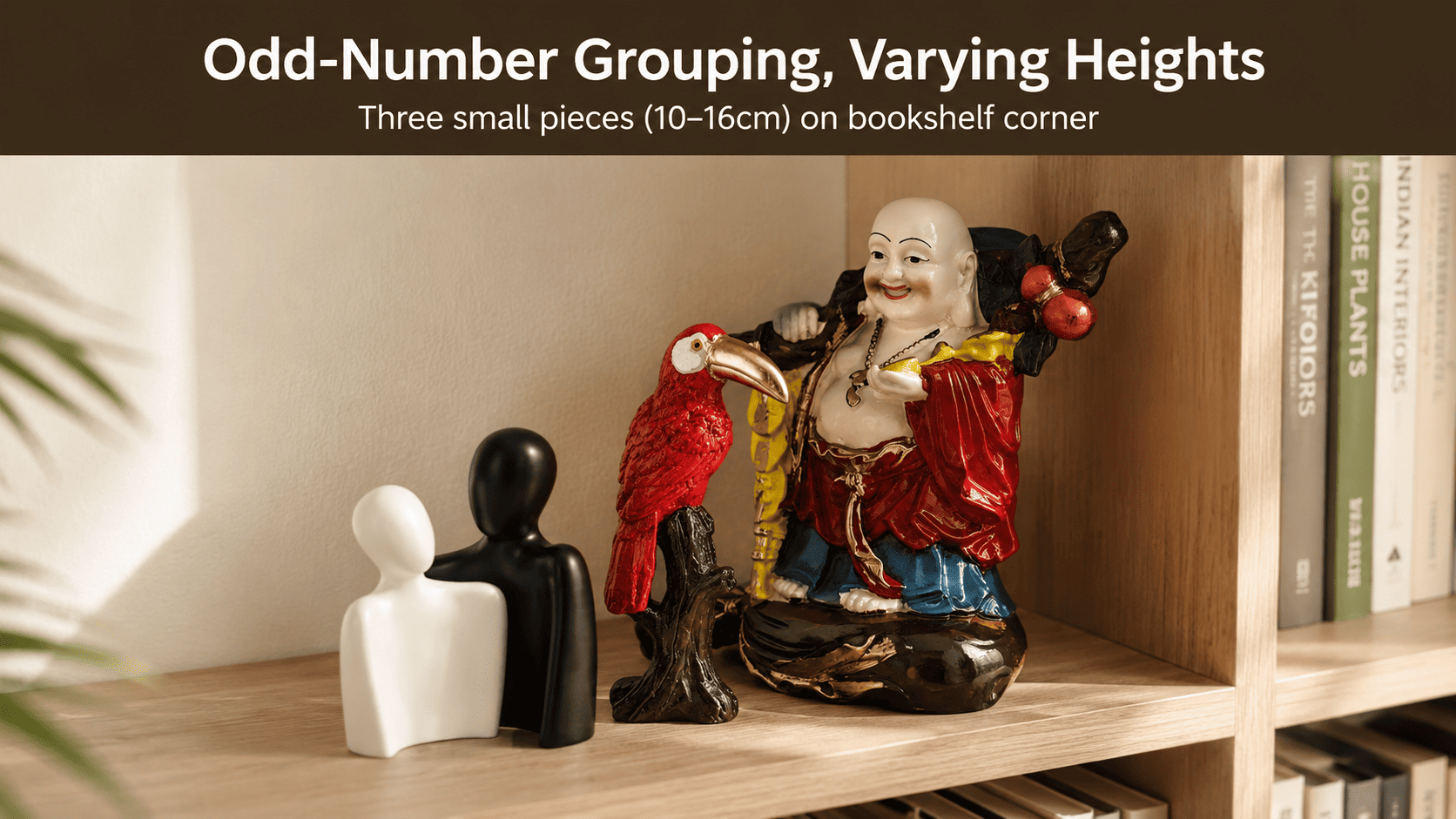 grouped small decorative pieces on a bookshelf corner