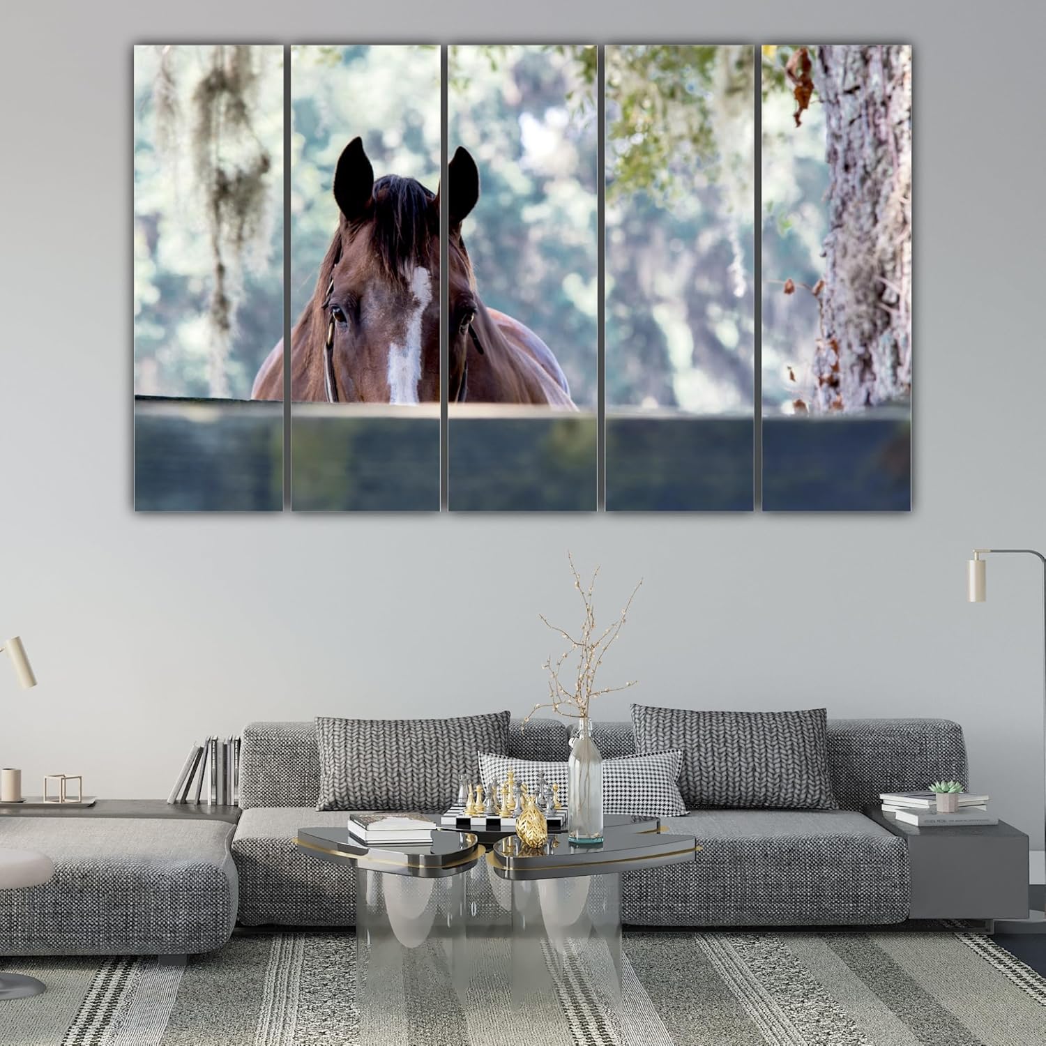 Close-up of the multicolour framed horse Wall Art panels ready to gallop into your living room