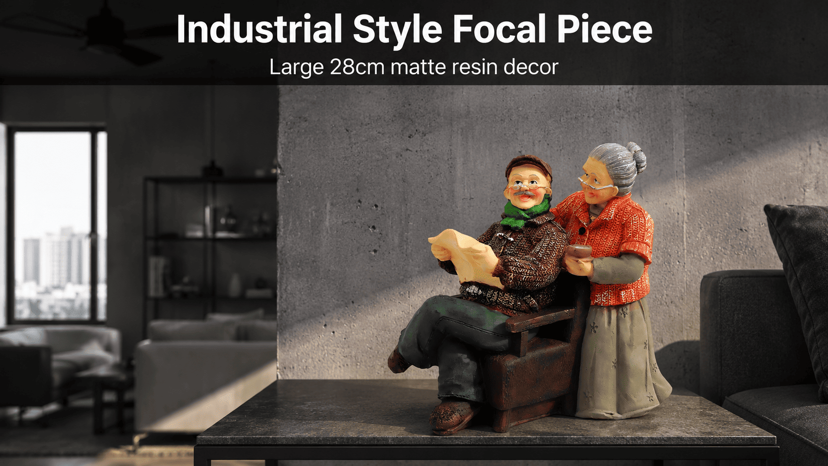 single large decor piece on a side table in a monochrome living room