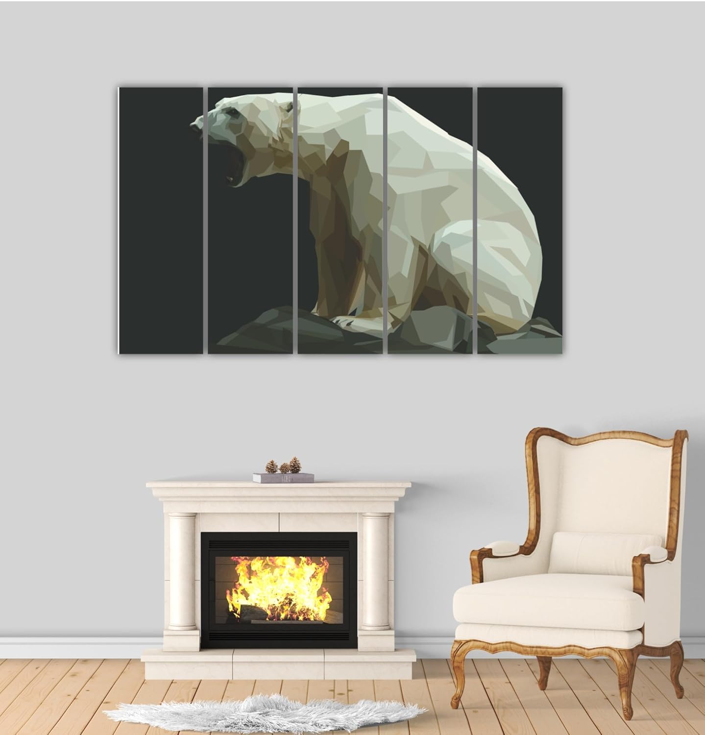 Full view of the multi-frame Bear-y tastic Animals Framed Polygon Wall Art installed above a sofa.