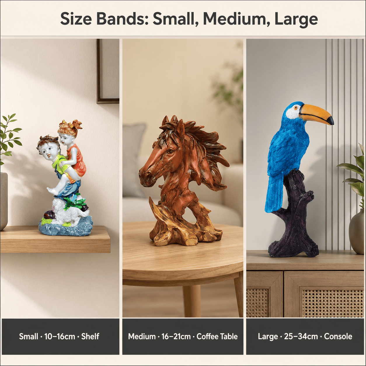 Visual size comparison grid of small, medium, and large modern home decor pieces on their matching surfaces