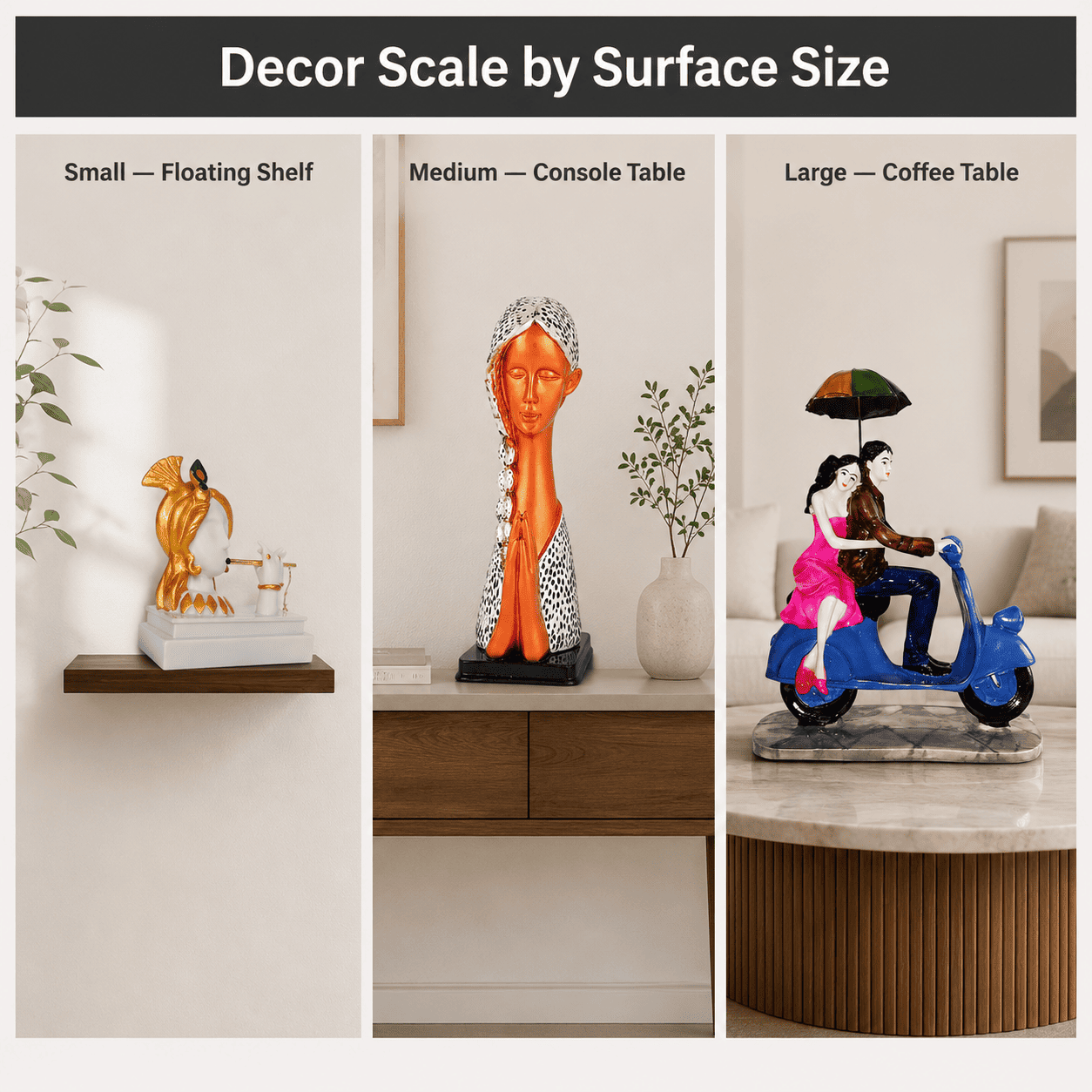comparison grid of small medium and large decor accents on different surfaces