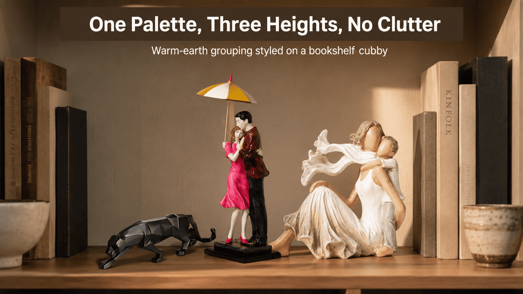 grouped decor accents on a bookshelf in varying heights
