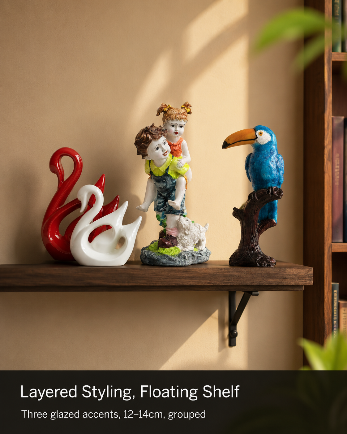 grouped decor accents on shelf