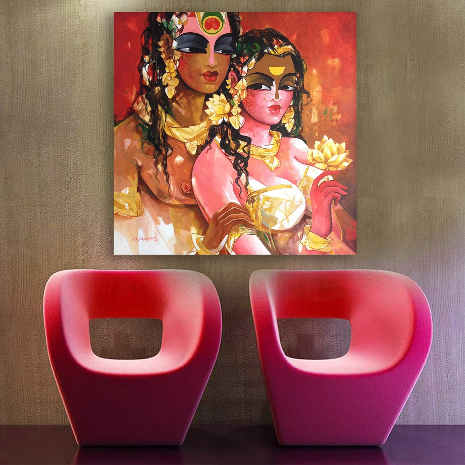 Close-up of Shiva & Parvati Unframed Wall Art with vivid cosmic hues