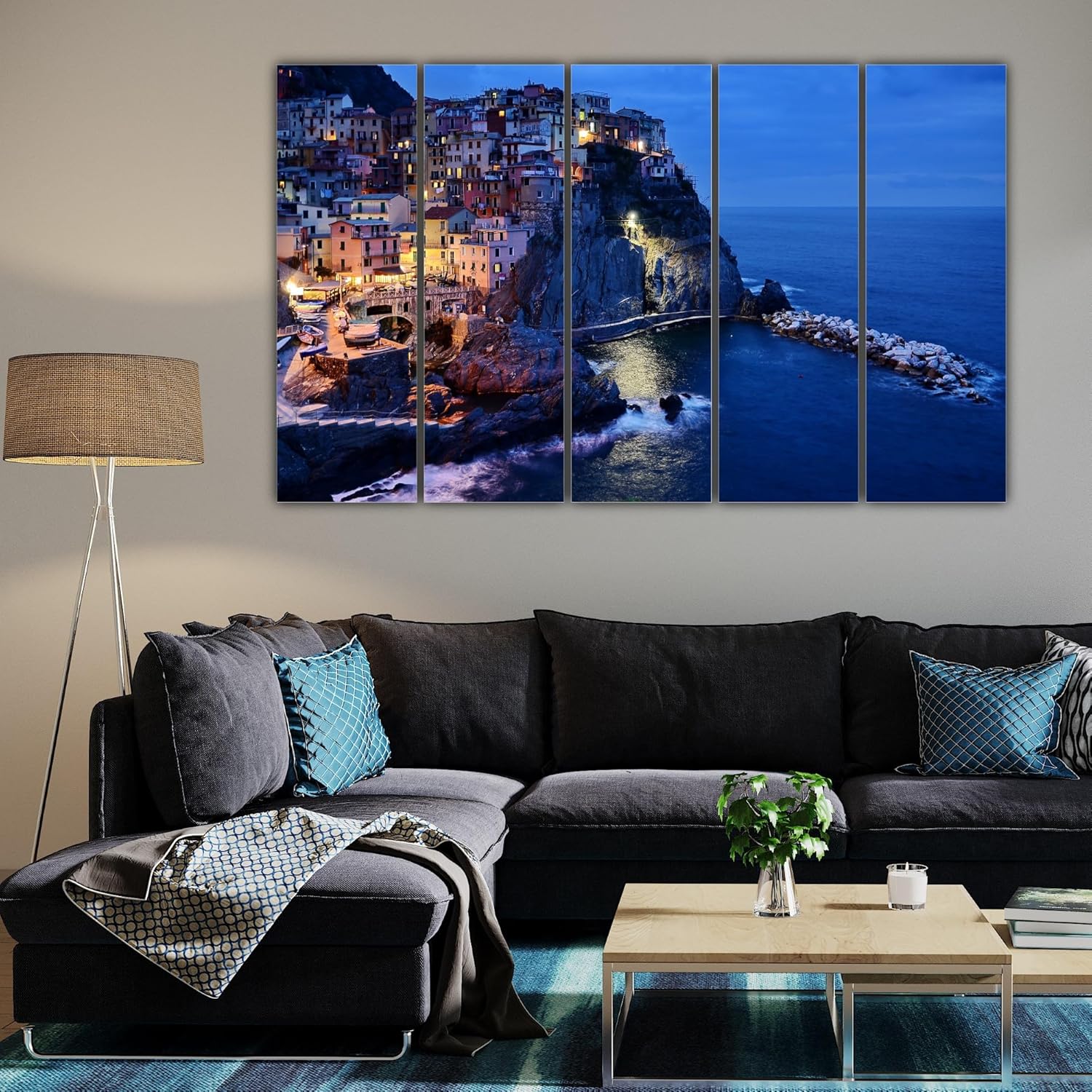 Close-up of vivid skyline panels on Cityscape Spectacular Wall Art