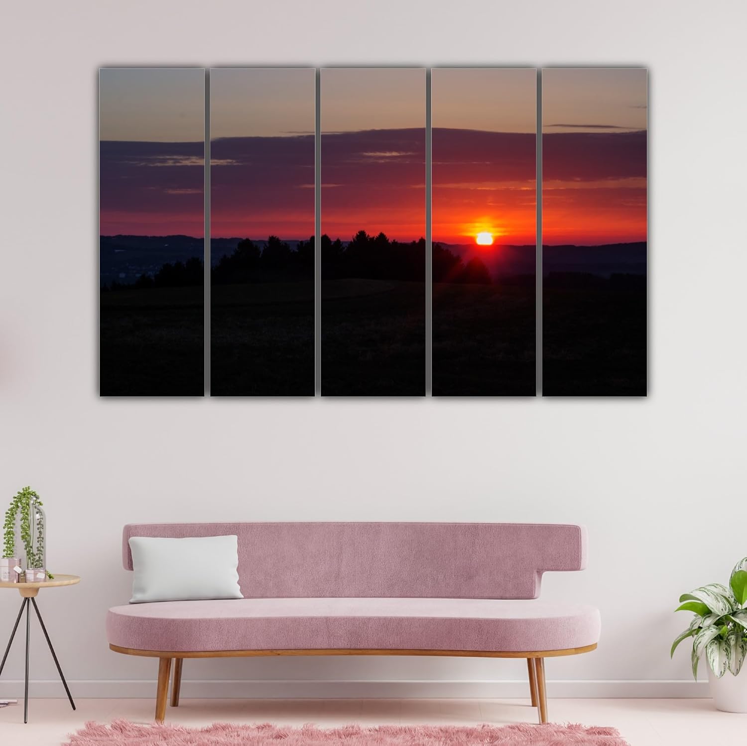 Close-up of Sunset-tastic 5-Panel Framed Wall Art That'll Turn Heads - Sunset Masterpiece (150x76cm) highlighting the matte lamination finish and splash-resistant surface