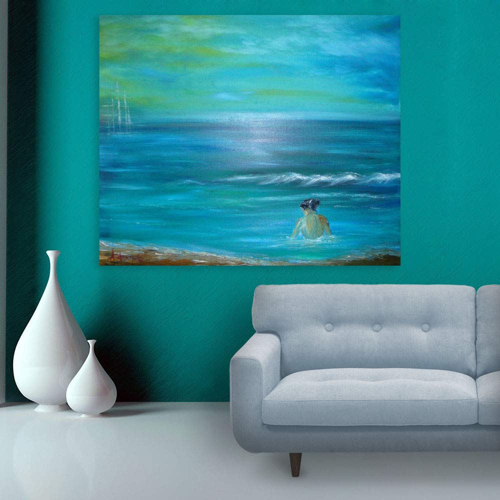 Sea-sational Unframed Abstract Wall Art That'll Make Your Walls Wave Hello hanging above a cozy living room sofa