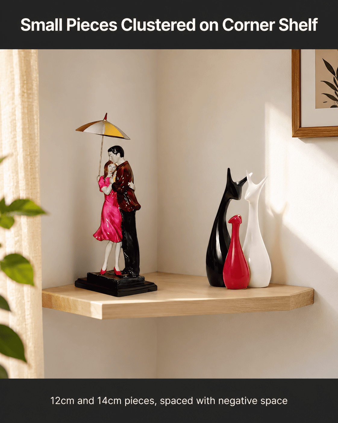 small decorative pieces grouped on a corner shelf