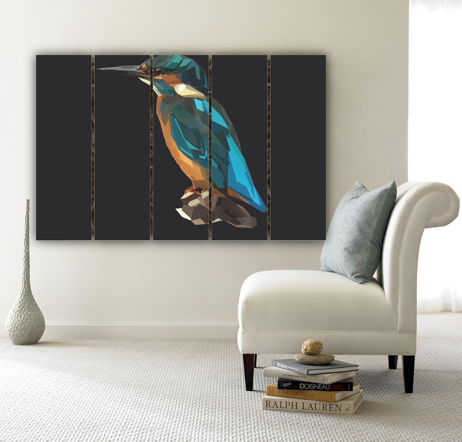 Kingfisher-tastic Polygon Parade Wall Art hung above a sofa showcasing five sleek multi-frame panels.