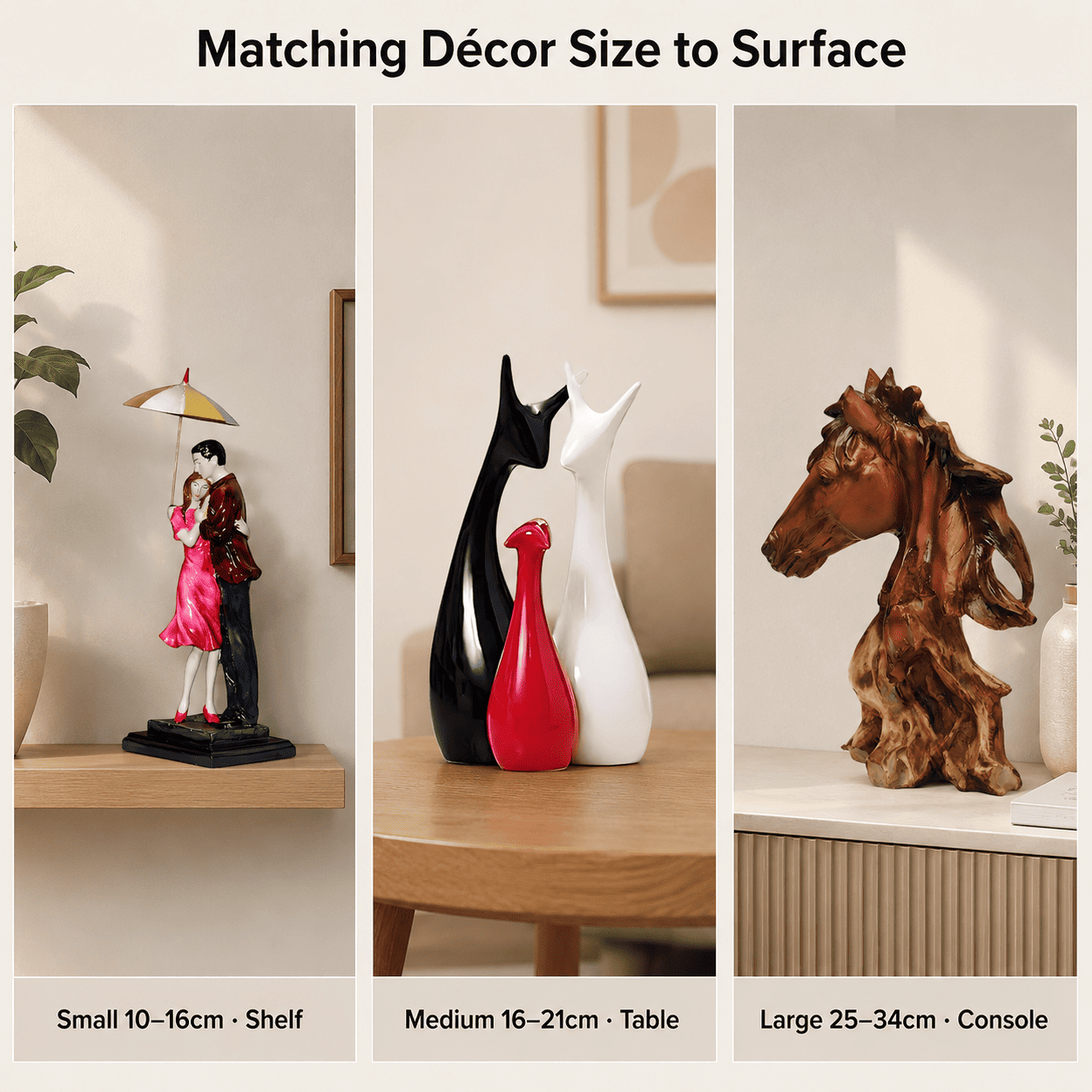 size comparison grid of small medium and large decor pieces against their matching surfaces