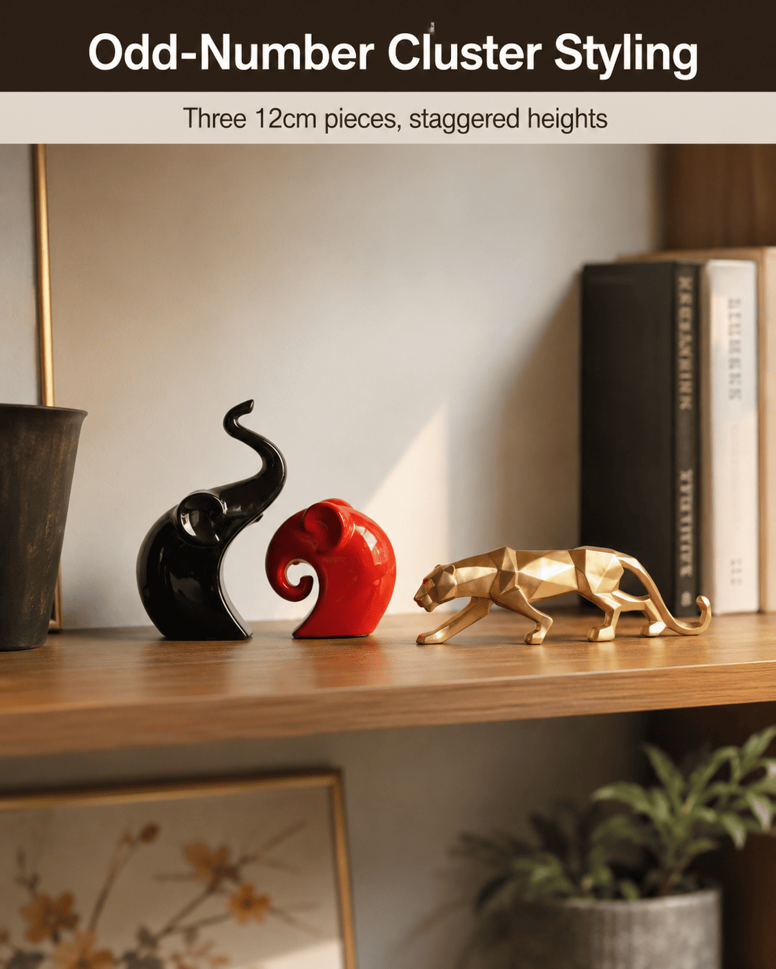 small decorative pieces clustered on a shelf