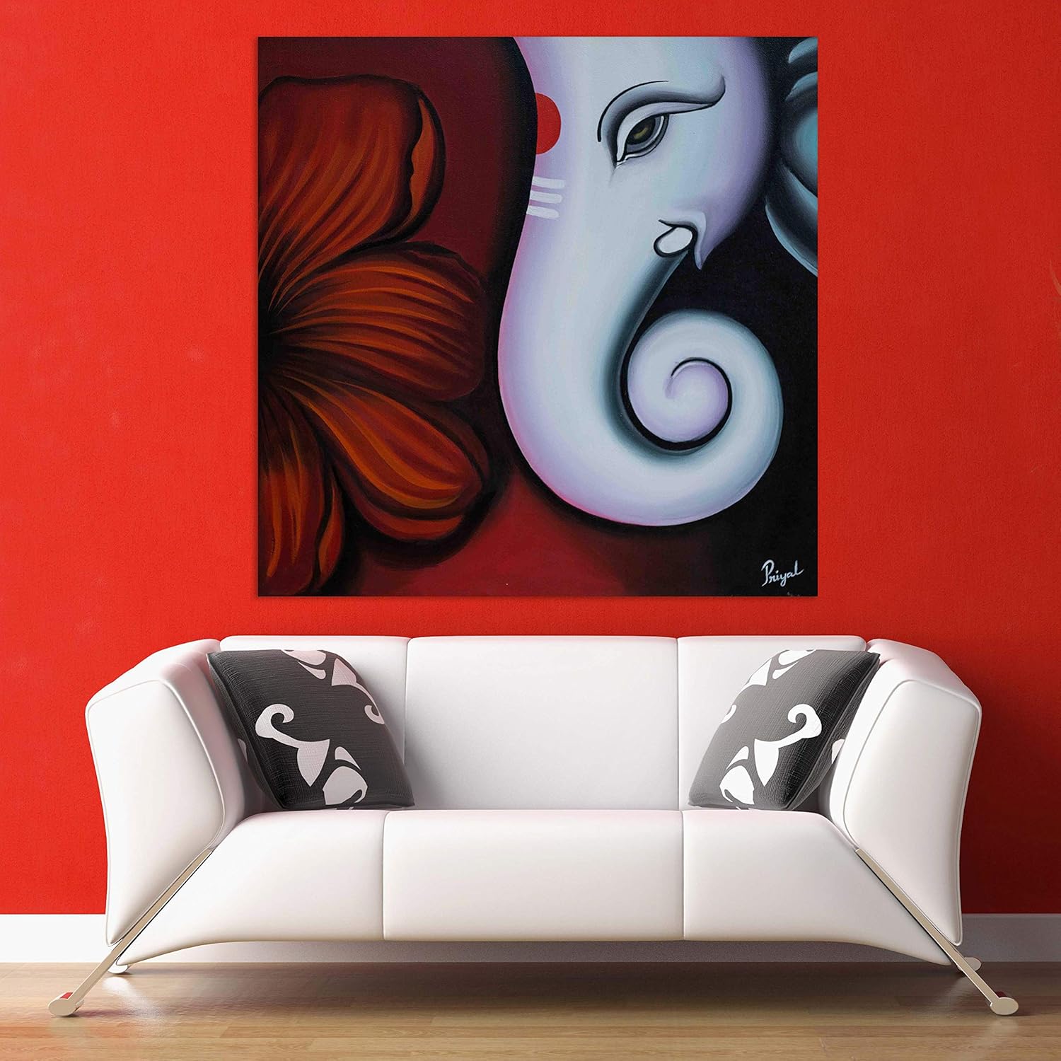 Ganesha Bloom Unframed Wall Art displaying a serene Ganesha face adorned with pink flowers on a matte cotton canvas