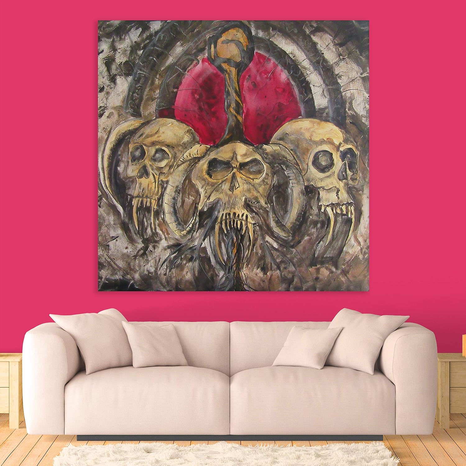 Skull-tastic Unframed Abstract Wall Art for Bold Spaces (91x91cm) showcasing a purple skull design on pure cotton canvas