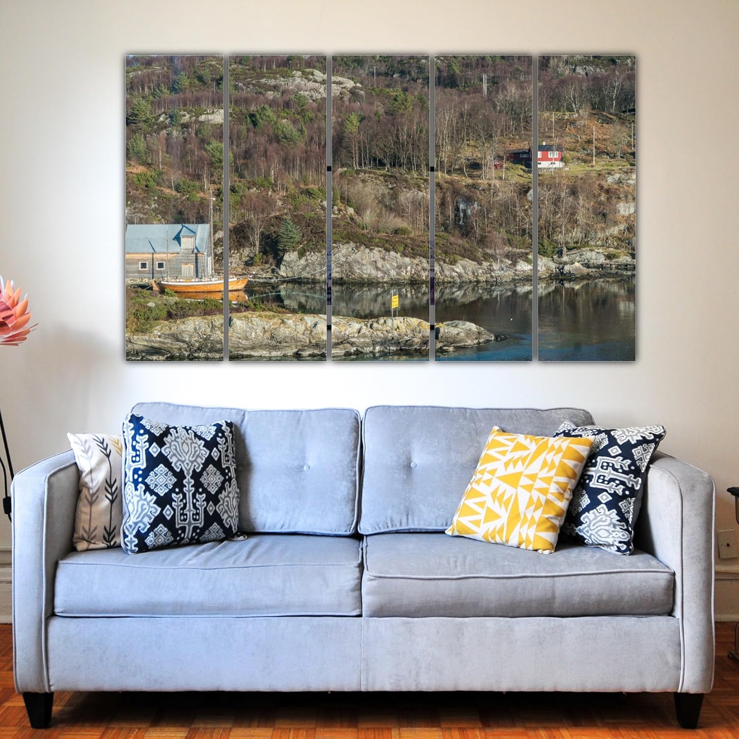 Five-panel Mountain Majesty Wall Art framed on MDF capturing serene mountain vistas for living room decor
