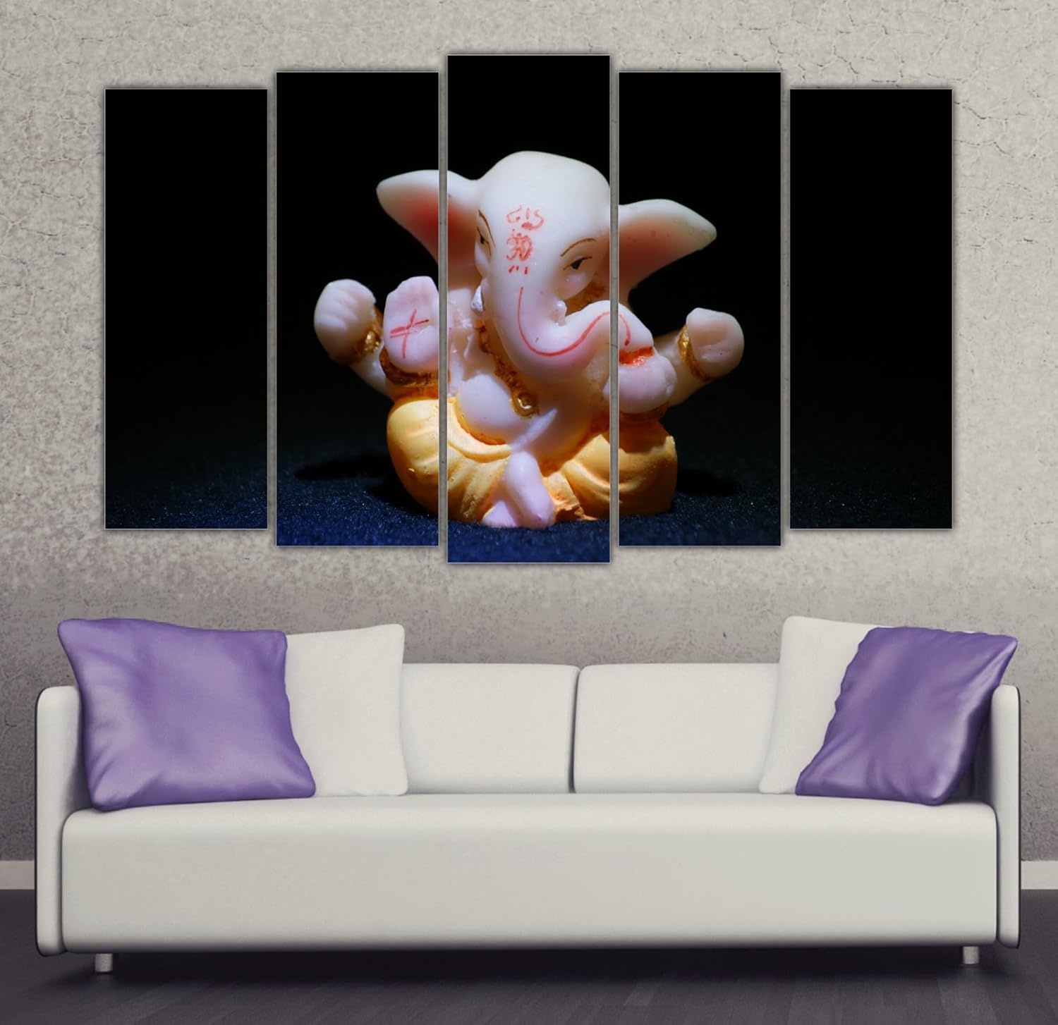 Close-up of multi-panel abstract Ganesha Wall Art in a modern living room setting