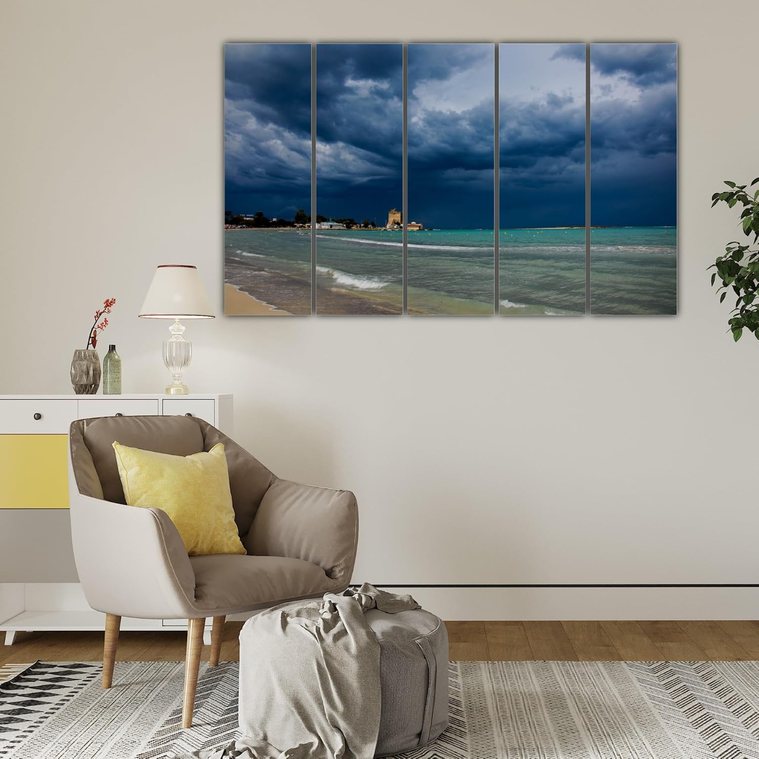 Vibrant 5-panel beach abstract wall art in a stylish framed multiframe display.