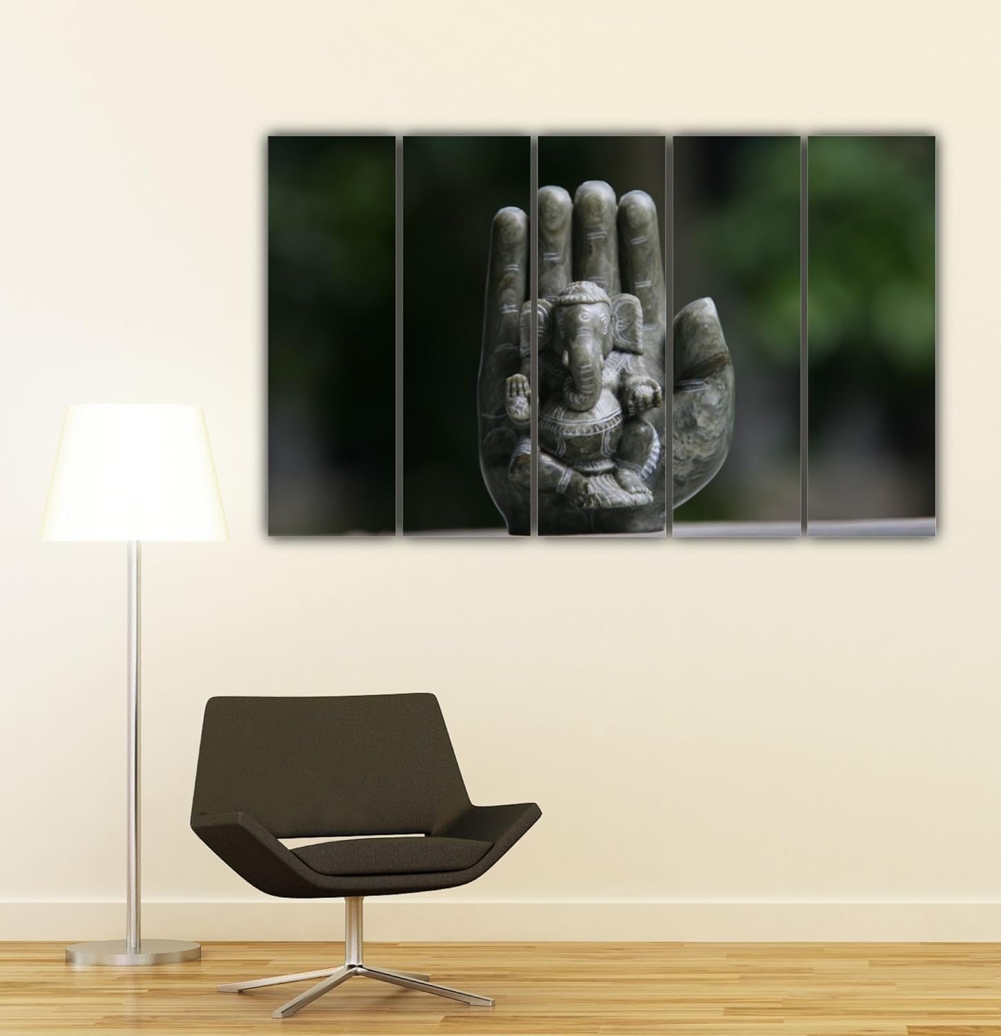 Ganesha-tastic Multi-Frame Blessing: Framed Wall Art displayed above a sofa, adding vibrant color to a living room