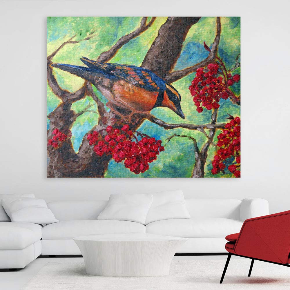 Image of Tweet-Tastic Unframed Bird & Fruit Animal Wall Art with a vibrant bird perched on a fruit branch in earthy tones